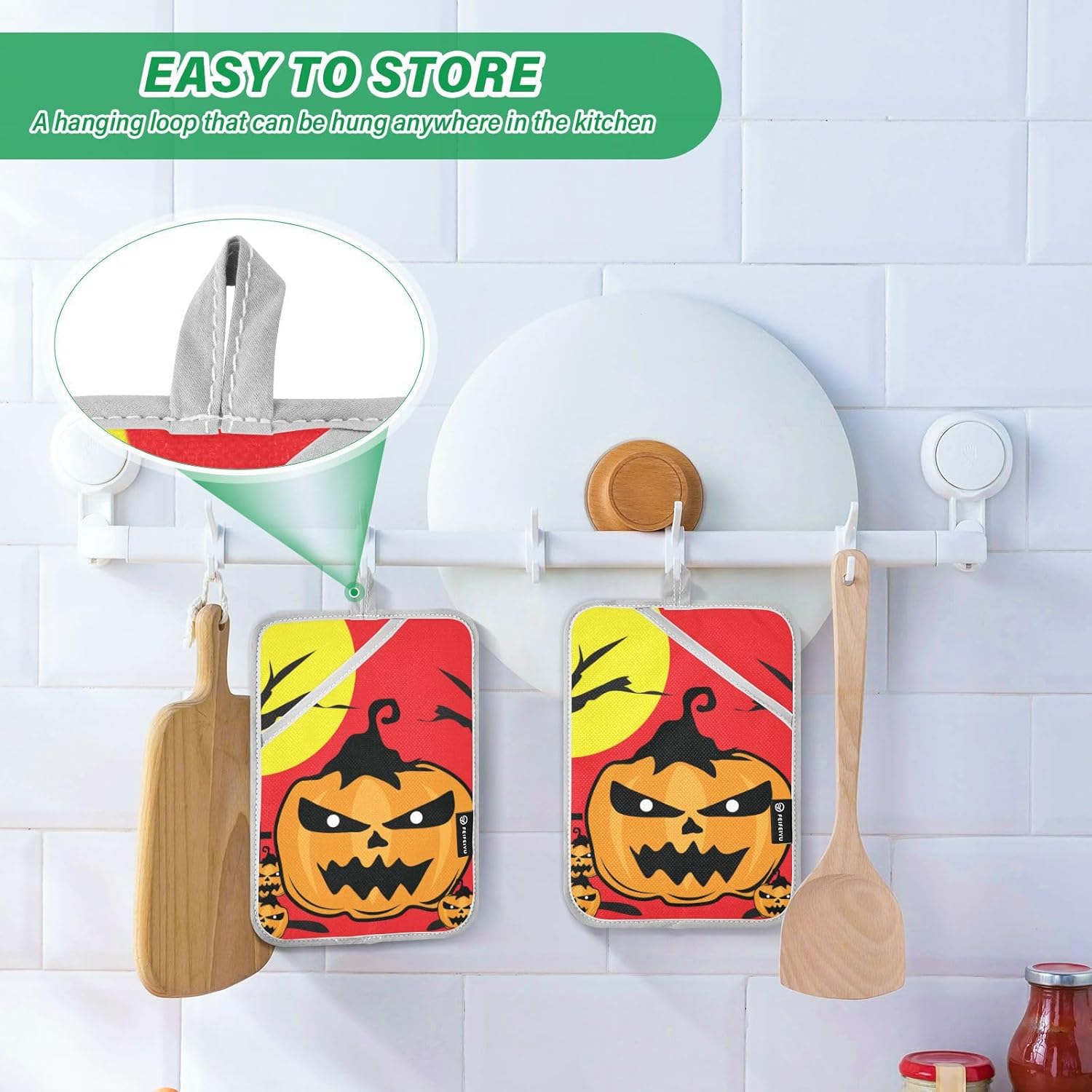 2Pcs Halloween Jack-o-Lantern Pot Holder Set Non-Slip Potholders with Pockets