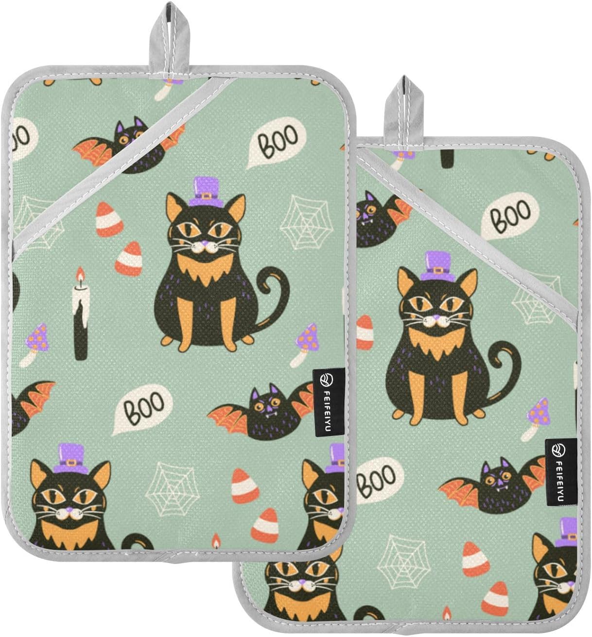 2-Piece Halloween Black Cat Potholders for Fall seasonal