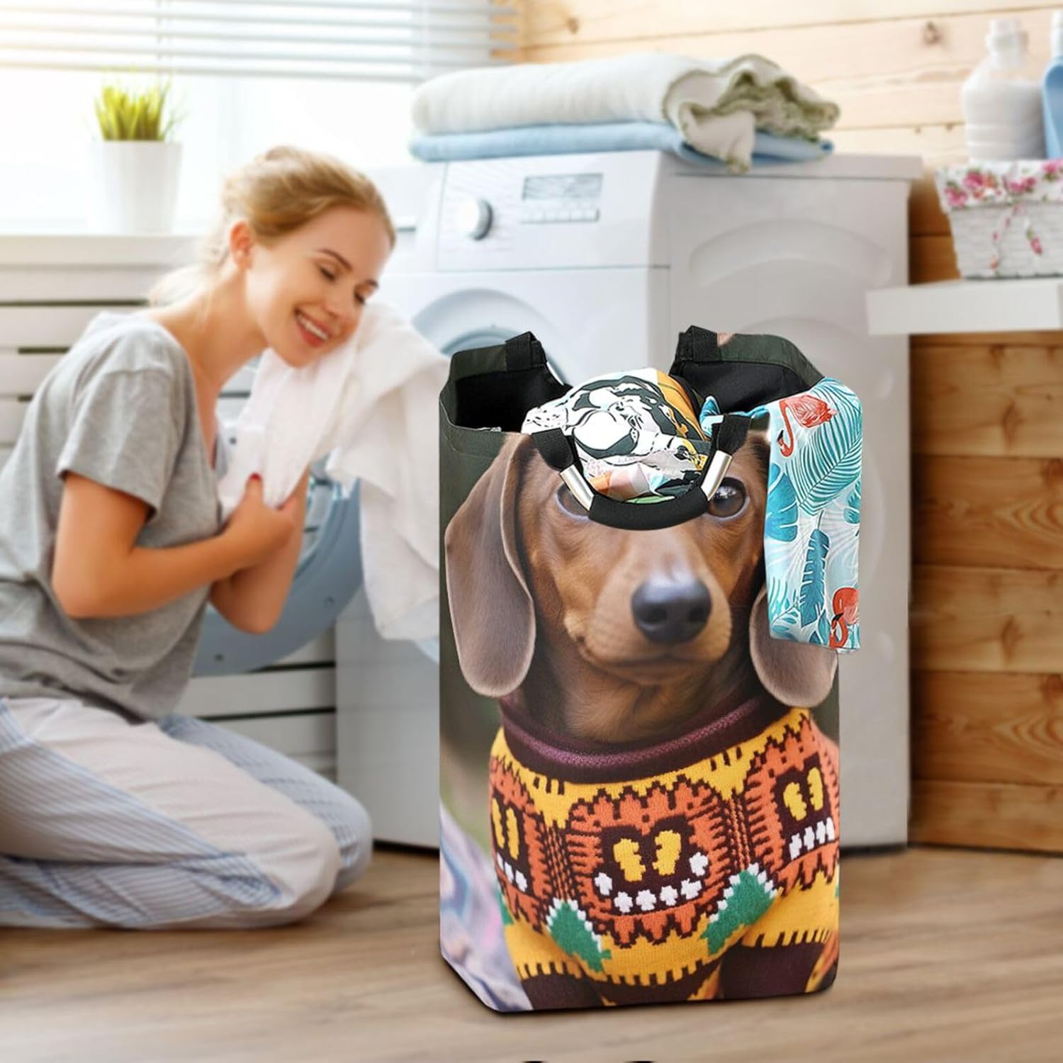 Kigai Collapsible Laundry Basket with Handles Cute Dachshunds Portable Large Waterproof Organizer