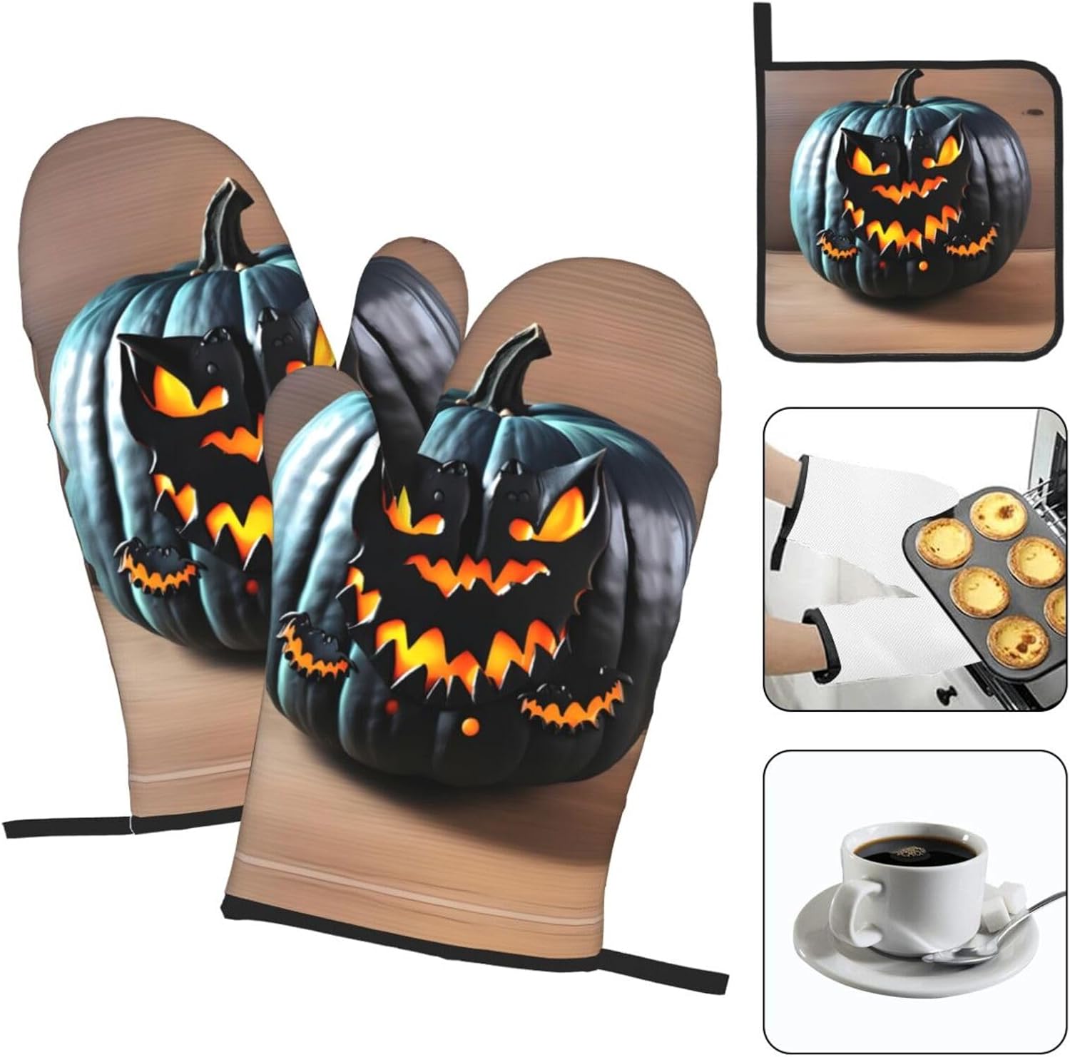 Halloween Bat Pumpkin Oven Mitts Pot Holders Set