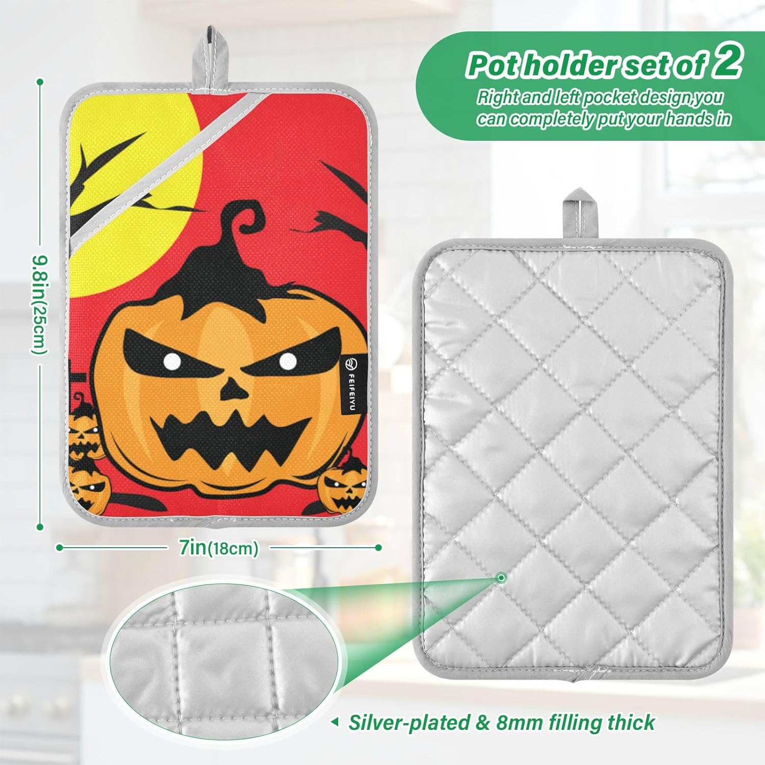 2Pcs Halloween Jack-o-Lantern Pot Holder Set Non-Slip Potholders with Pockets