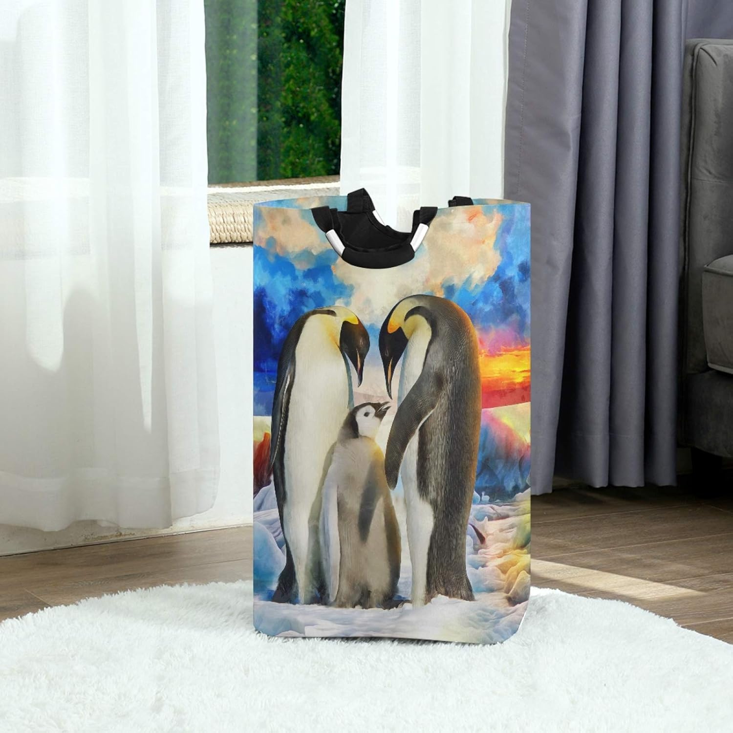 Susiyo Foldable Laundry Basket with Handles and Unique Penguin Pattern
