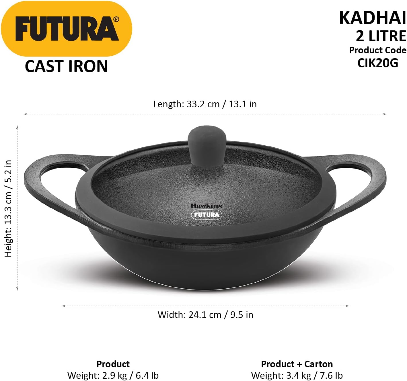 HAWKINS Futura 2L Cast Iron Kadhi Nonstick for Perfect Cooks