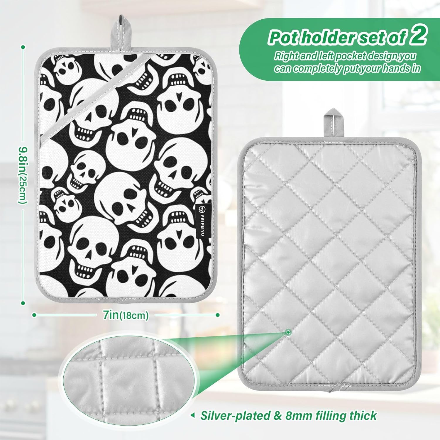 2PK Halloween White Skull Pot Holder Set
