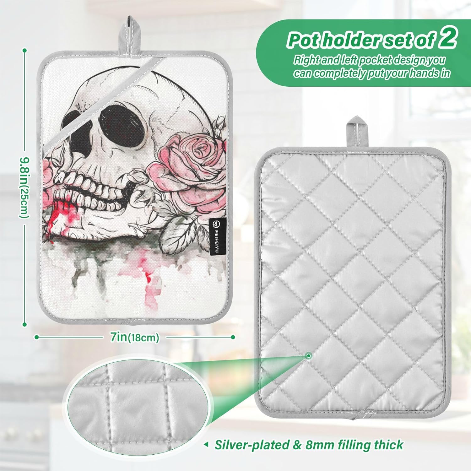 Two-Piece Halloween Pink Rose Skull Pot Holder Set