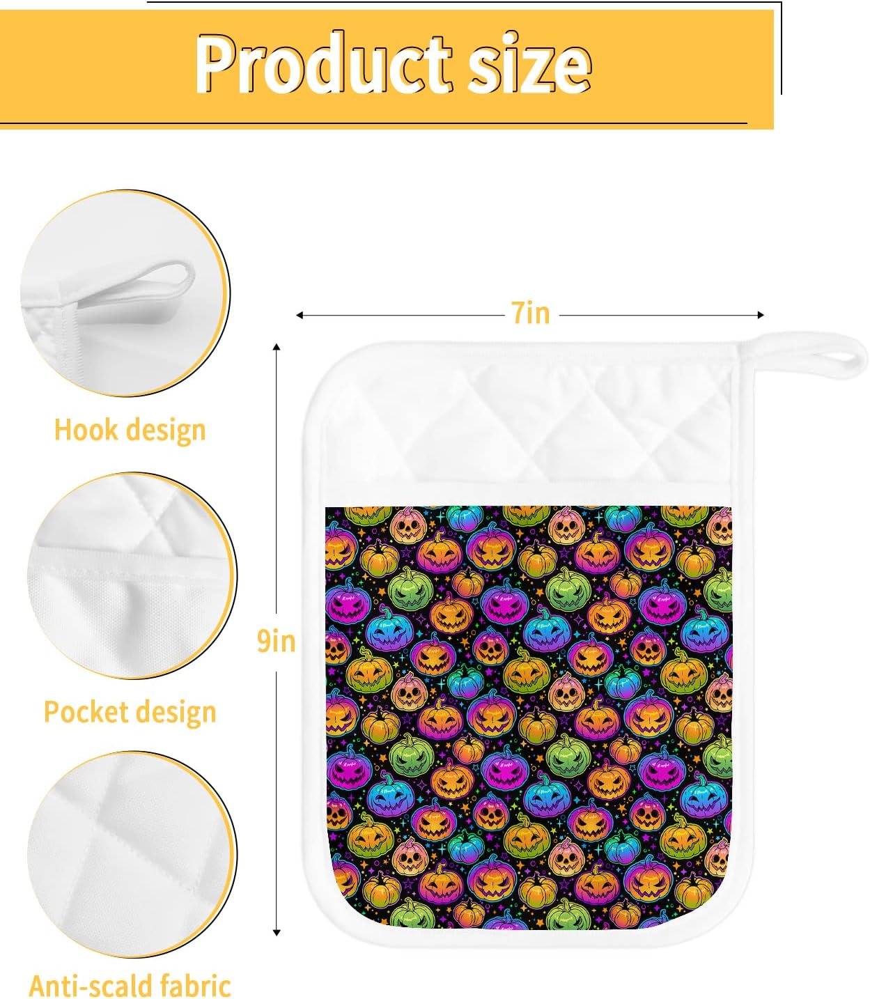 5 Piece Halloween Rainbow Pumpkin Potholders for Kitchen Use - Heat-Resistant Durable