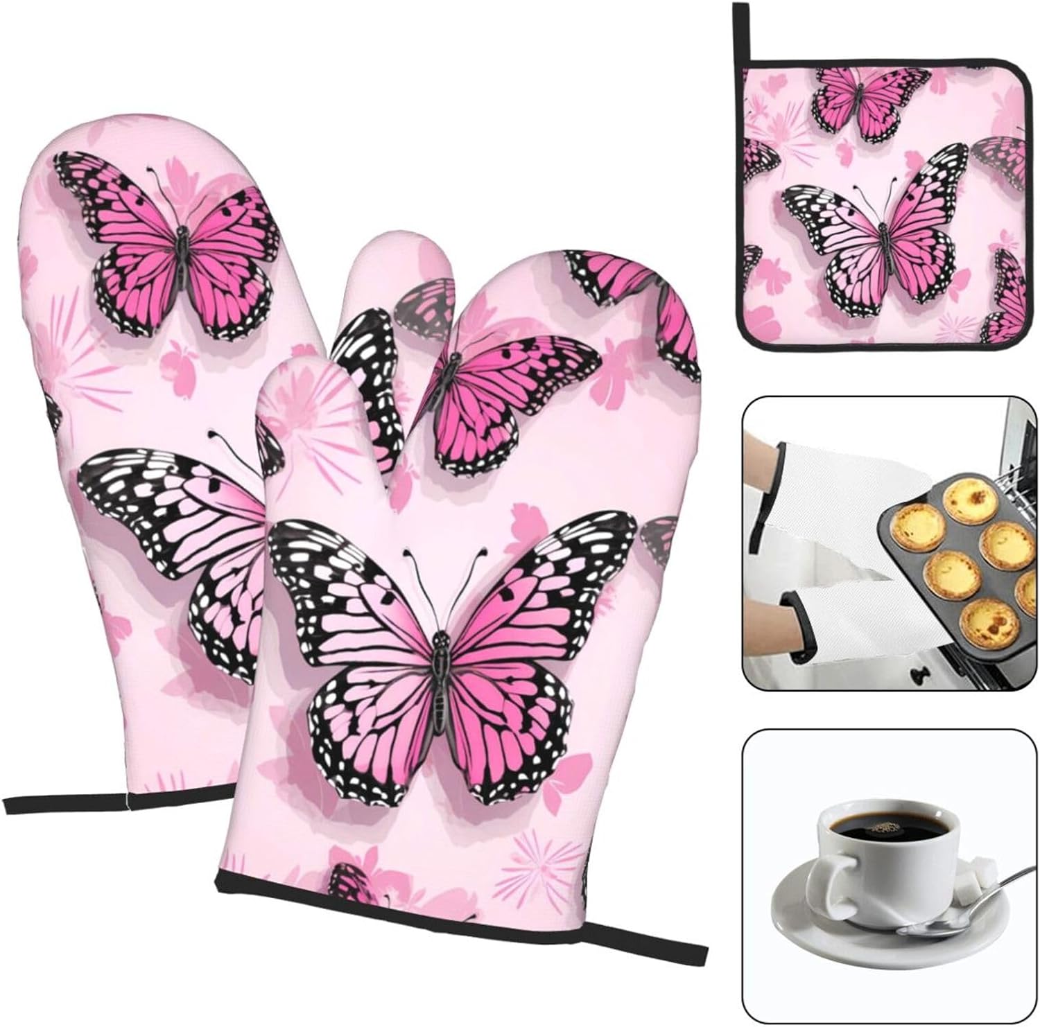 Oven Mitts Set with Butterfly Pattern Heat Resistant and Durable
