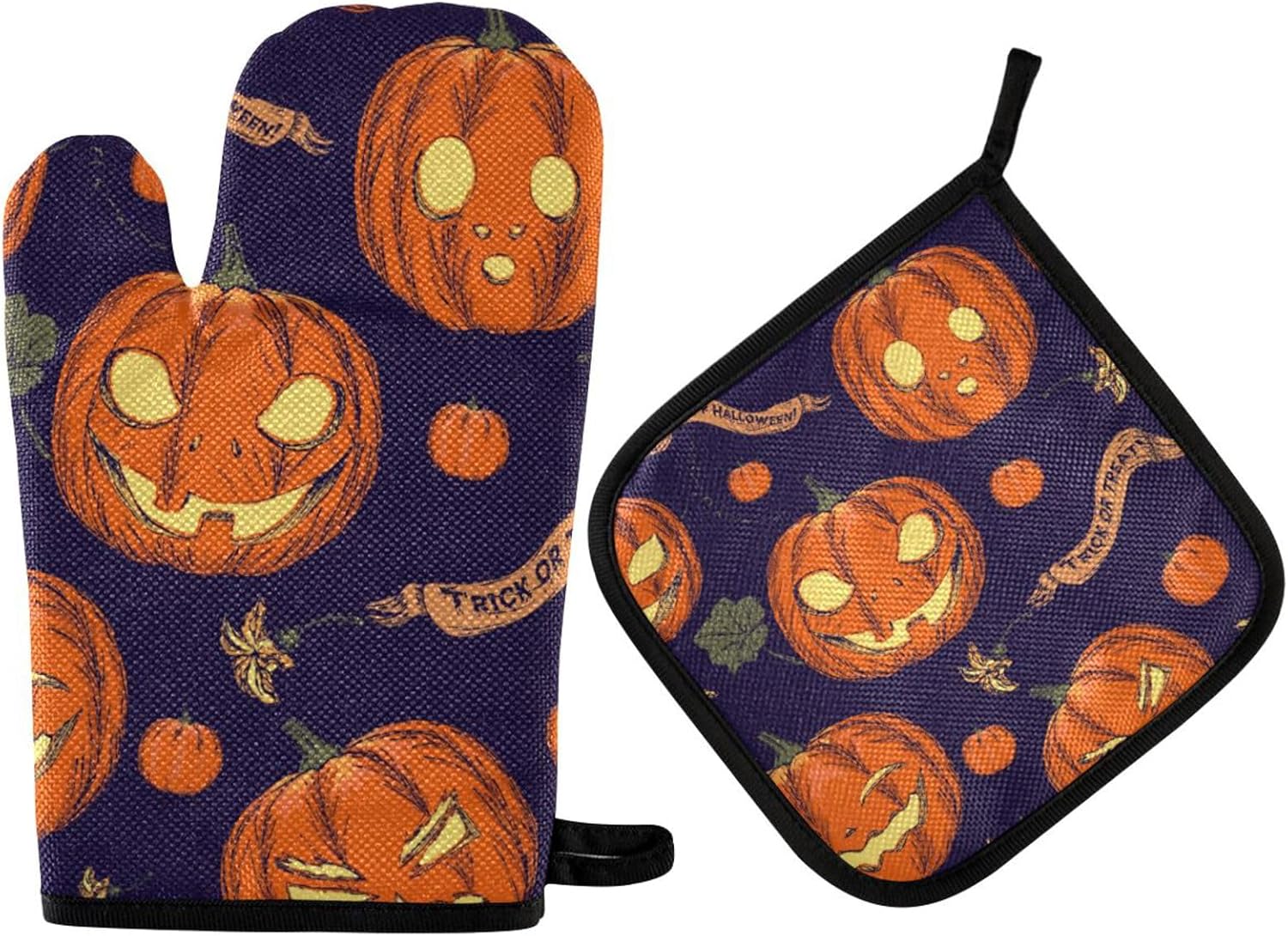 Halloween Orange Pumpkin Oven Mitts 2 Pc Set