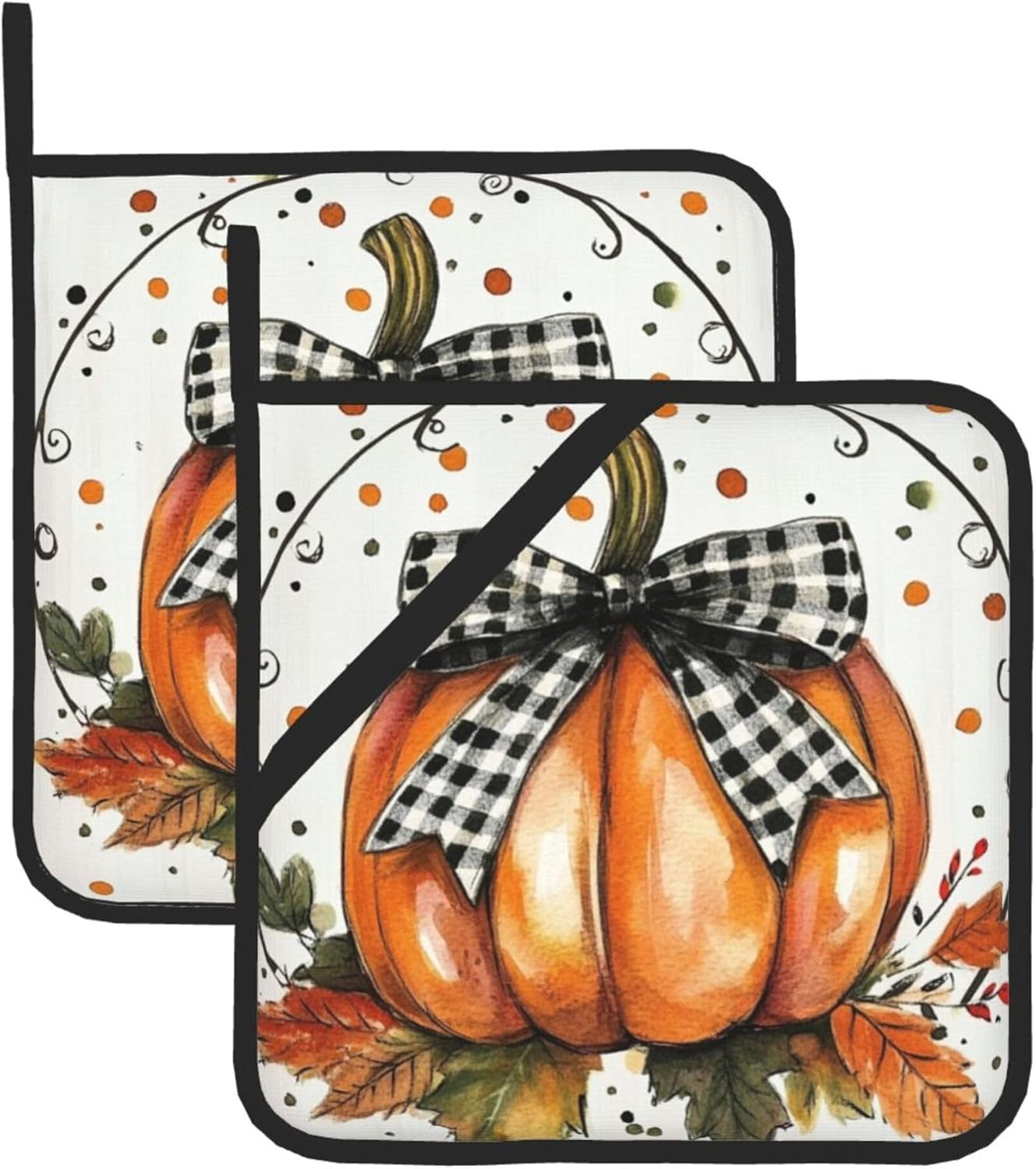 Orange Polka Dots Fall Pumpkin Pot Holder Set of 2