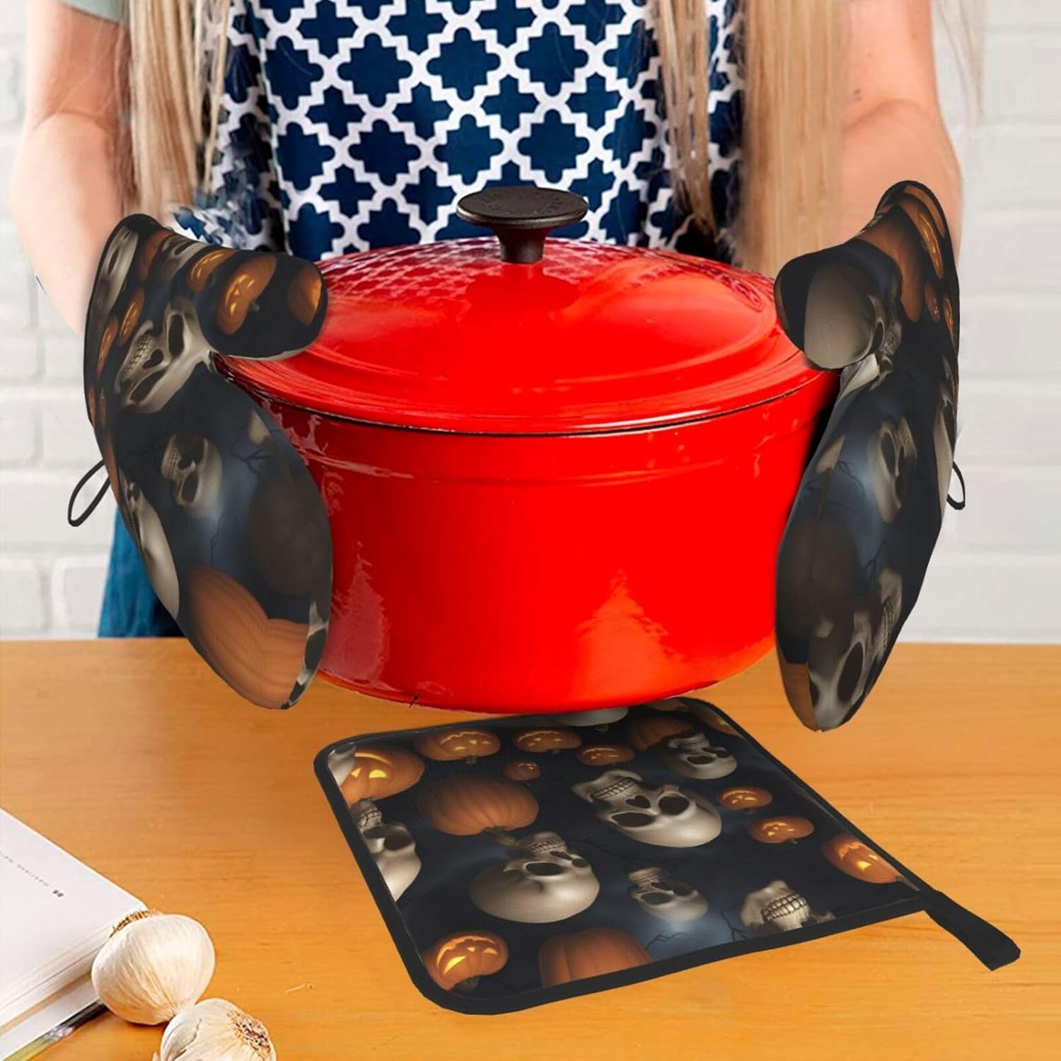 Ogniwo Halloween Skull Heat Resistant Oven Mitts and Pot Holders Set 3pcs