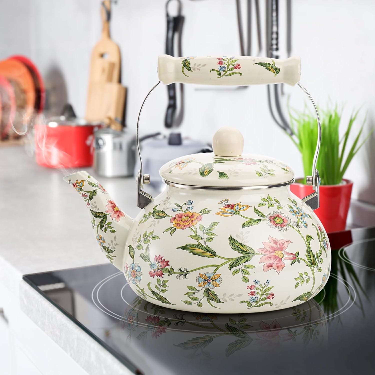 Vivid Enamel Tea Kettle with Porcelain Handle Elegantly Designed