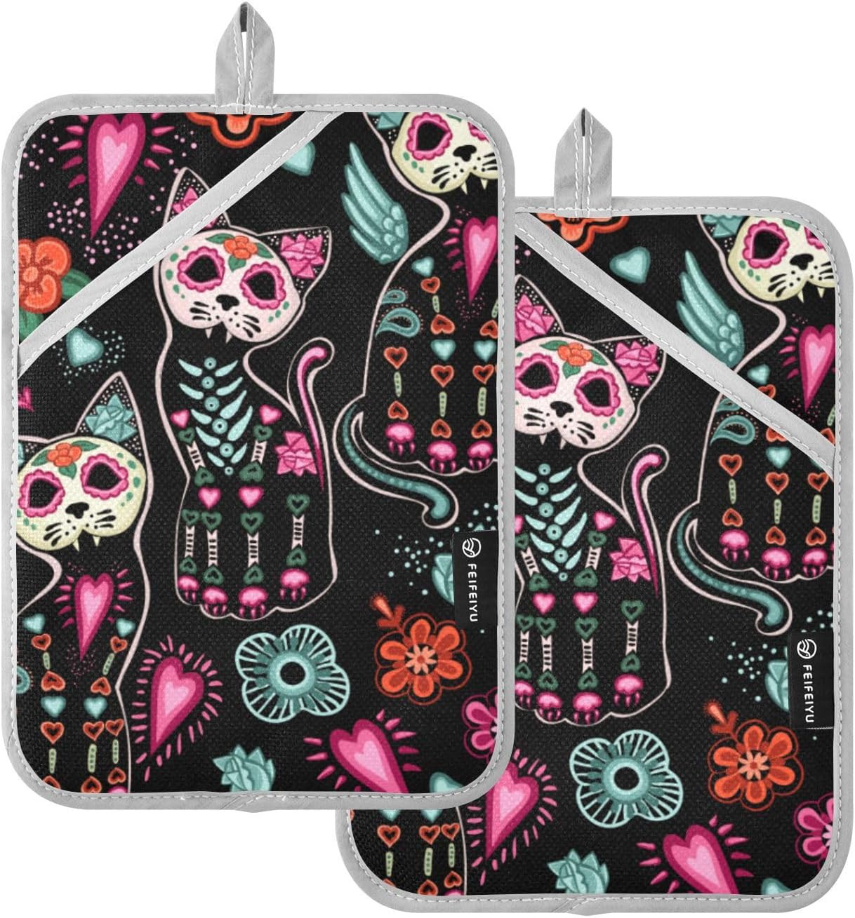 Frighteningly Perfect 2-Piece Skull Cat Halloween Pot Holder Set