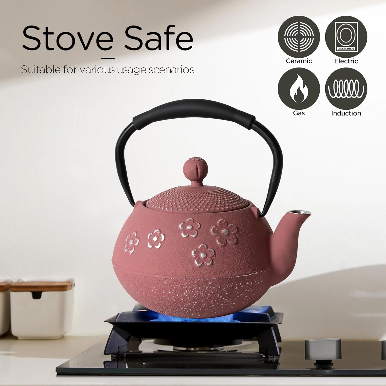 Cast Iron Teapot with Enameled Interior and Plum Blossom Design
