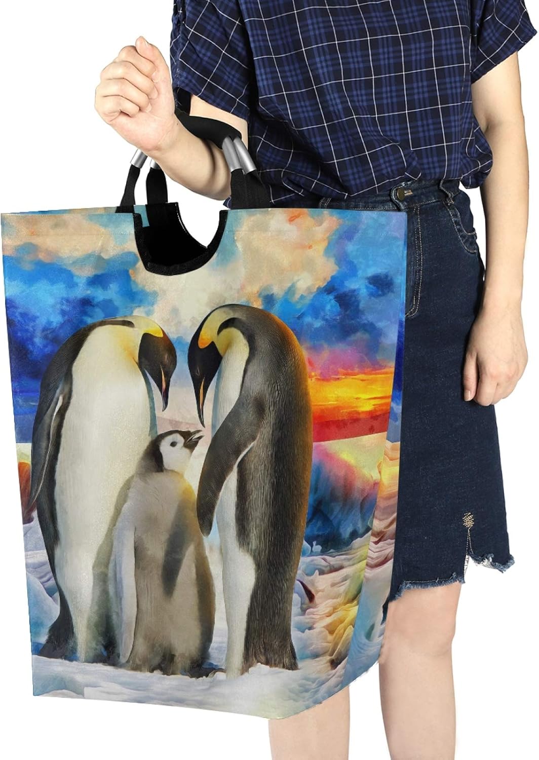 Susiyo Foldable Laundry Basket with Handles and Unique Penguin Pattern