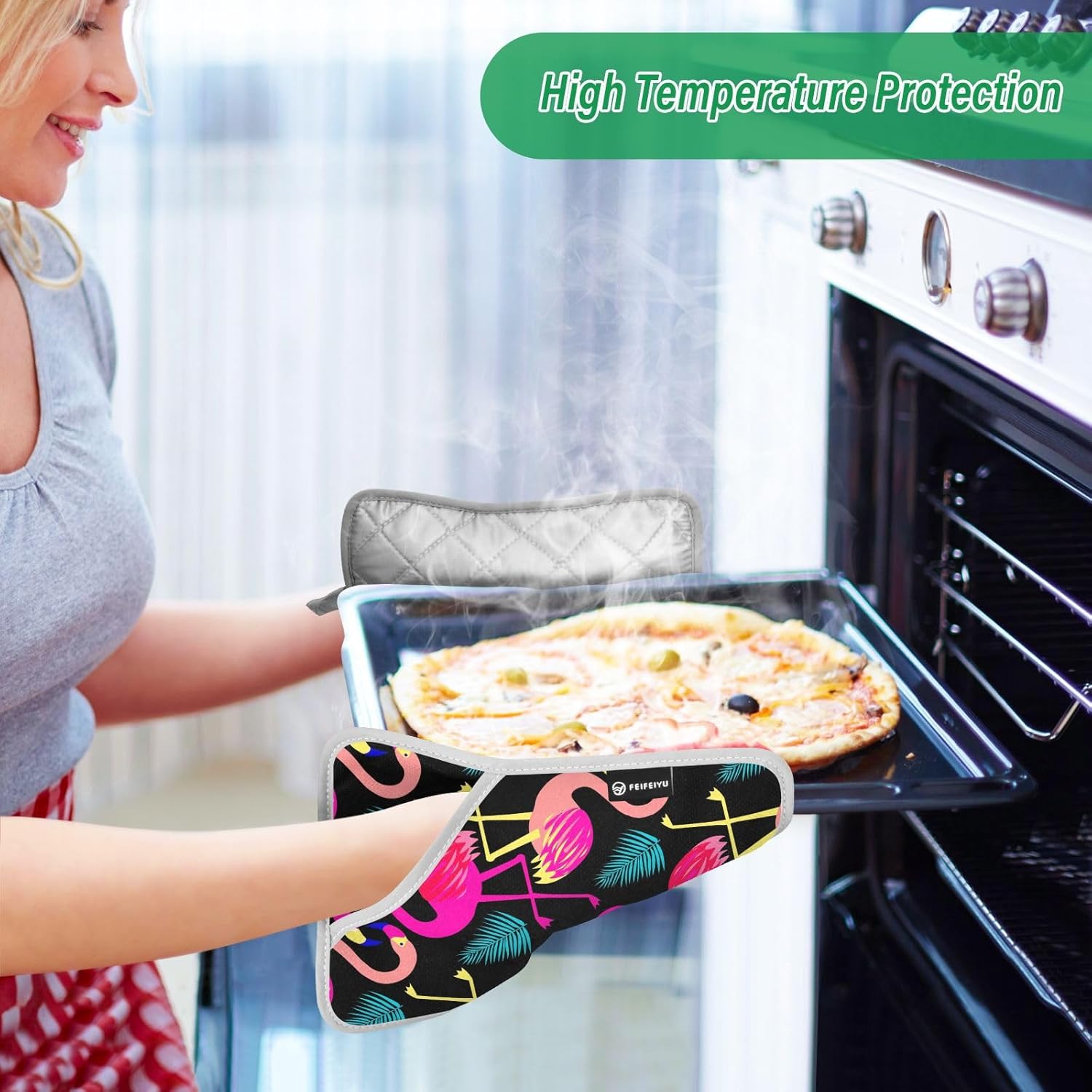 Bright Flamingo Potholder Set for Baking