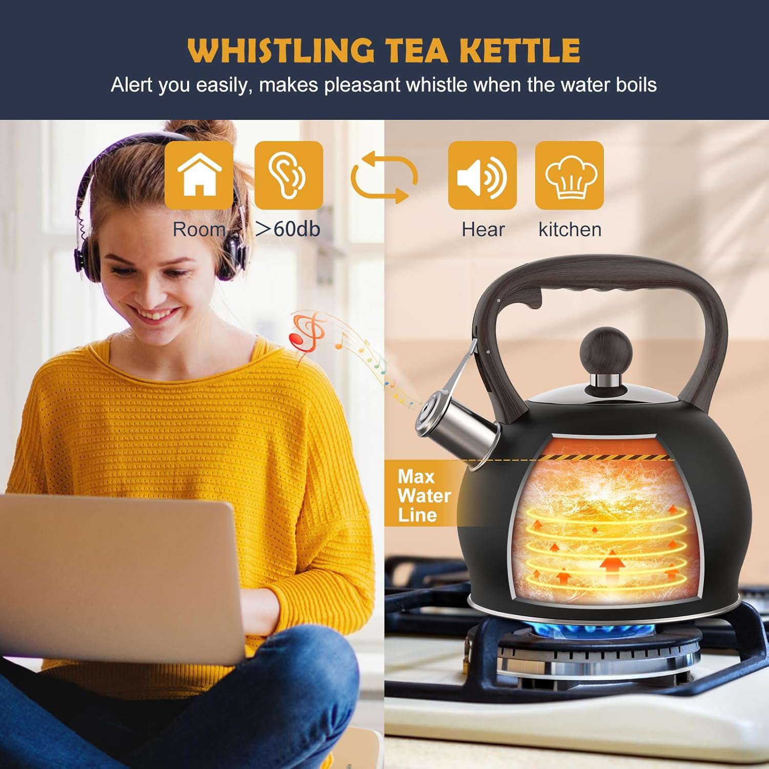 AMFOCUS264 Quart Ergonomic Stainless Steel Tea Kettle with Whistle Black