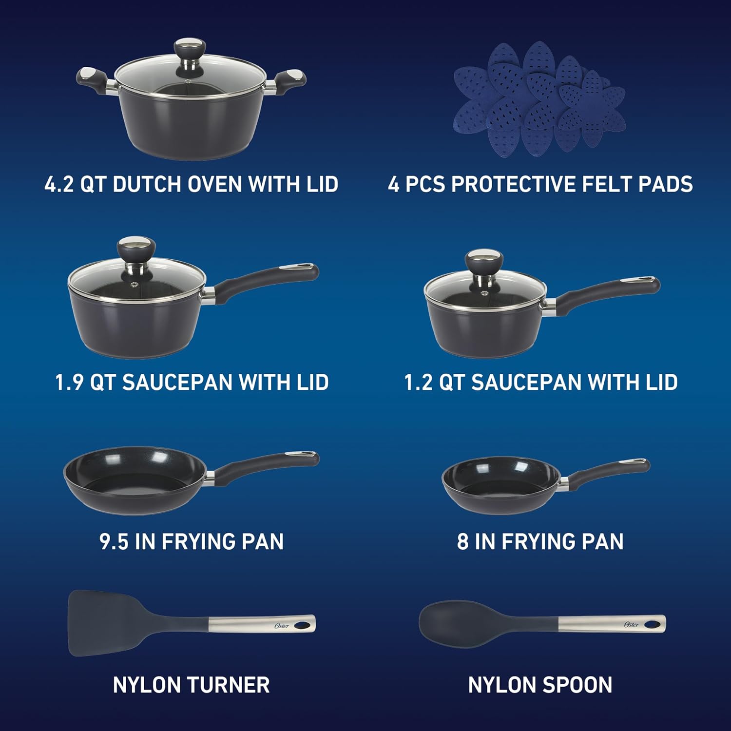 Oster Hawke 14-Piece Cookware Set BlackBlue