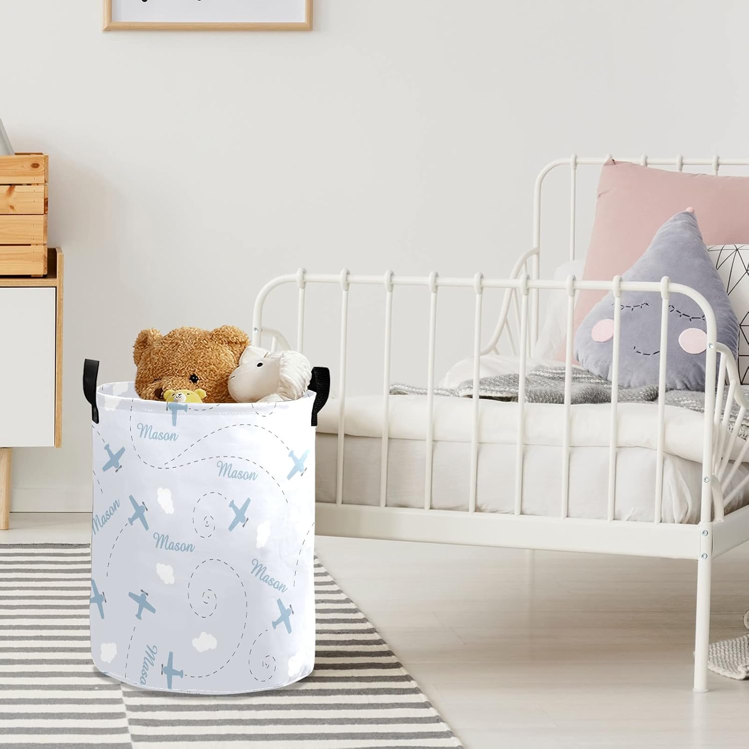 Personalized Laundry Basket Hamper with Airplane Blue Clouds Name Text