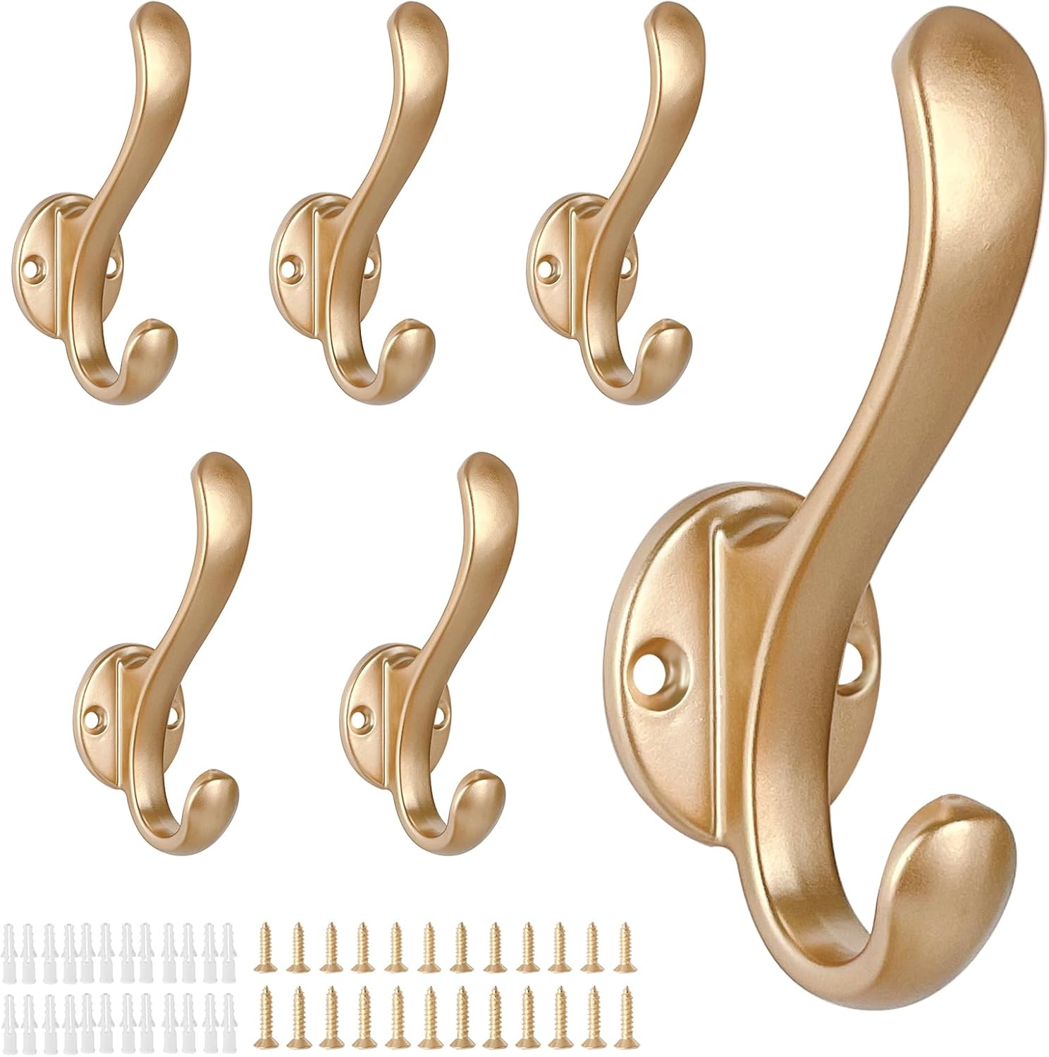 6 Pack Gold Wall Coat Hooks Heavy Duty Double Hooks
