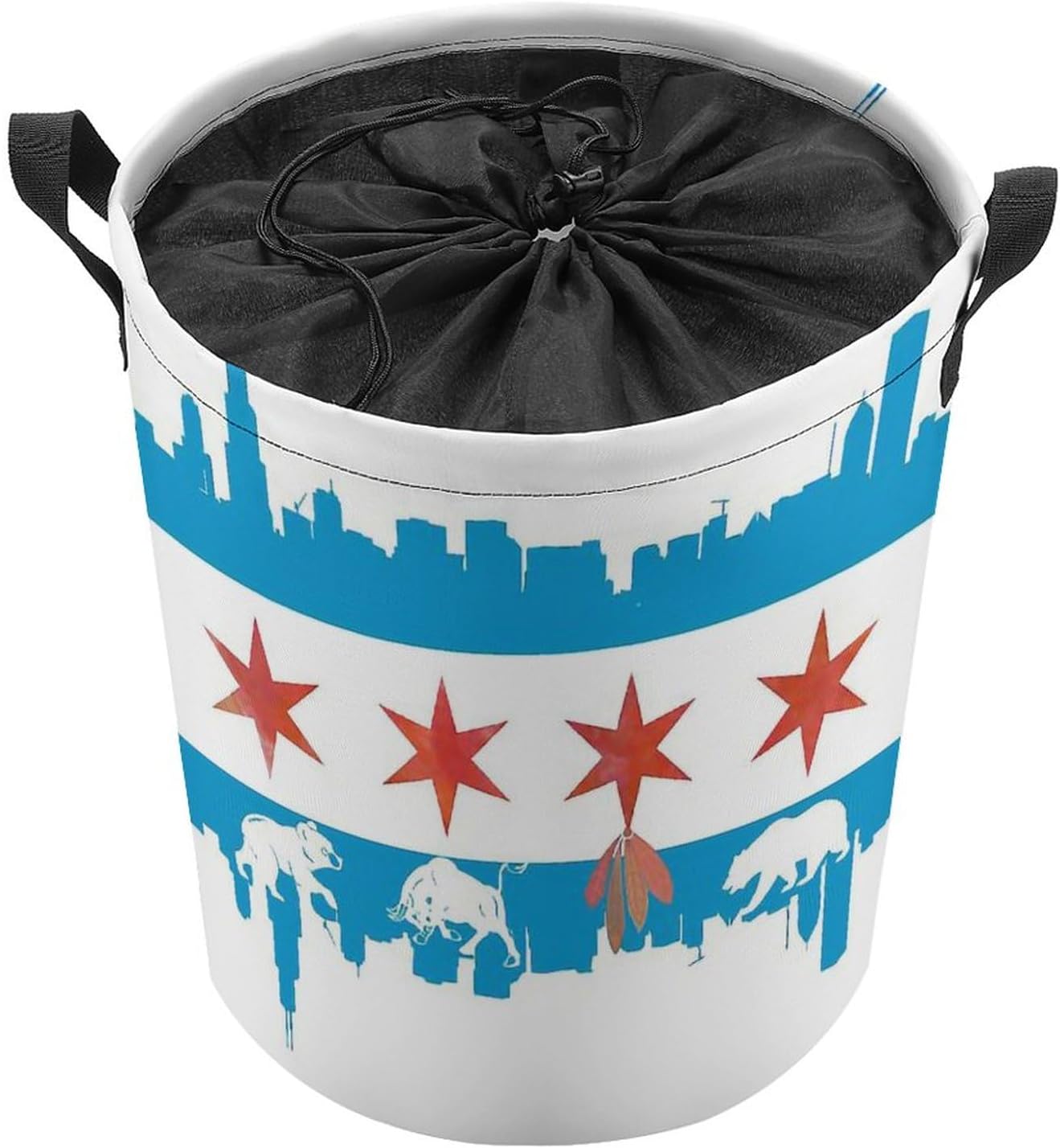 Chicago Flag Skyline Bear Laundry Basket Round Collapsible