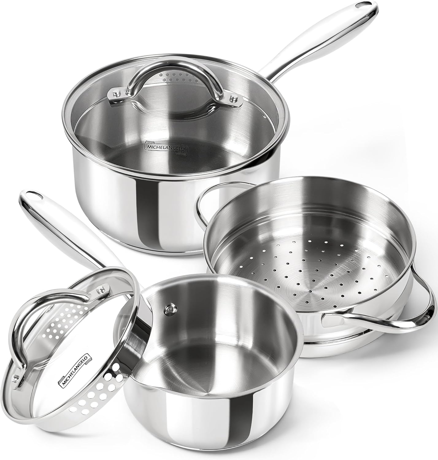 Stainless Steel Sauce Pot Set with Steamer 5Pcs
