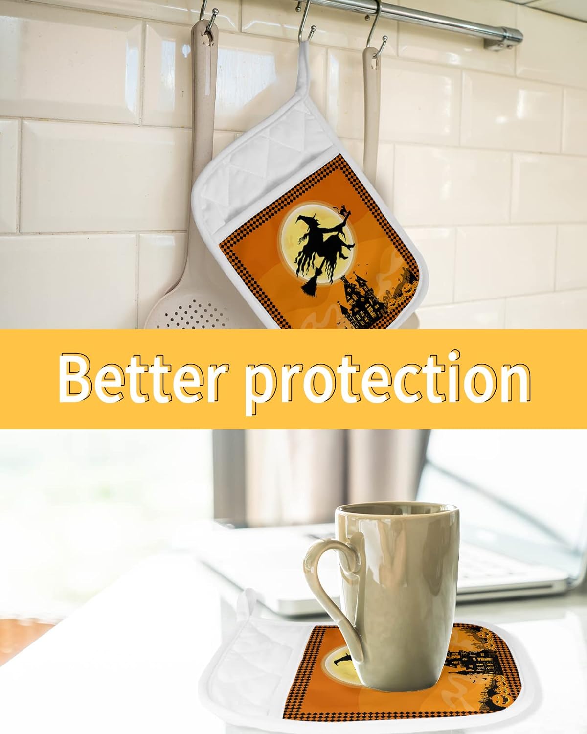 Trick or Treat Halloween flying witch pot holders