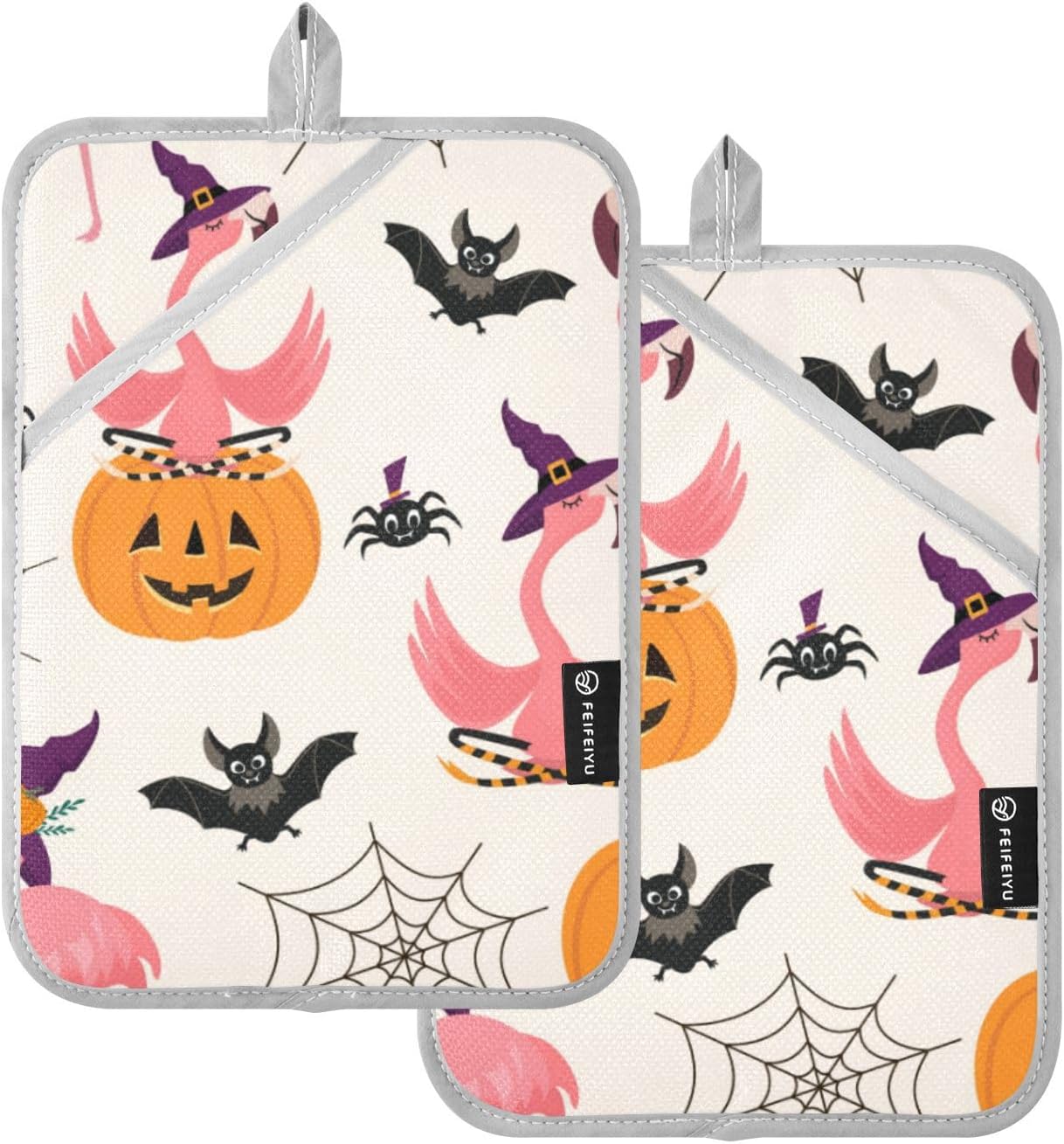Flamingo Spiders Halloween Potholder Set with Pockets