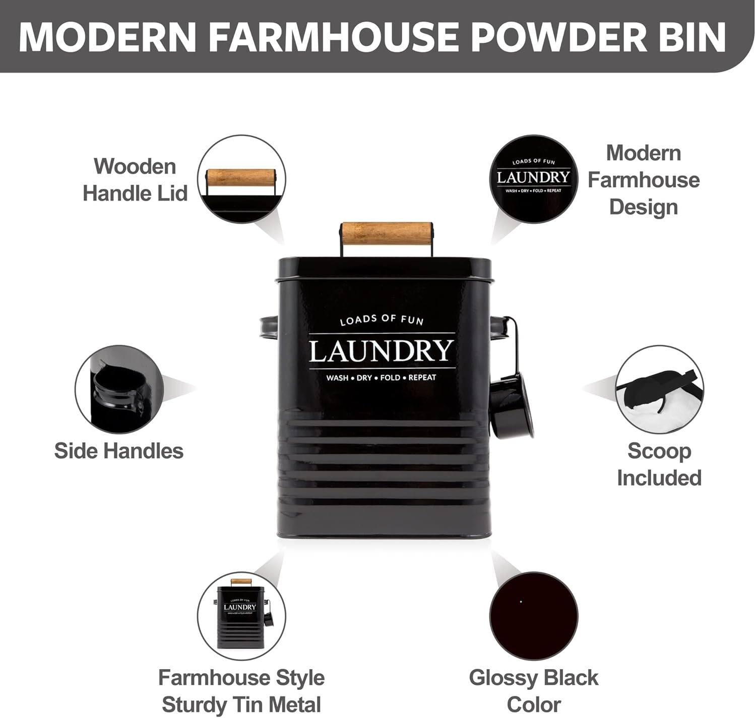 Calindiana Modern Farmhouse Laundry Soap Dispenser with Scoop and Holder Black