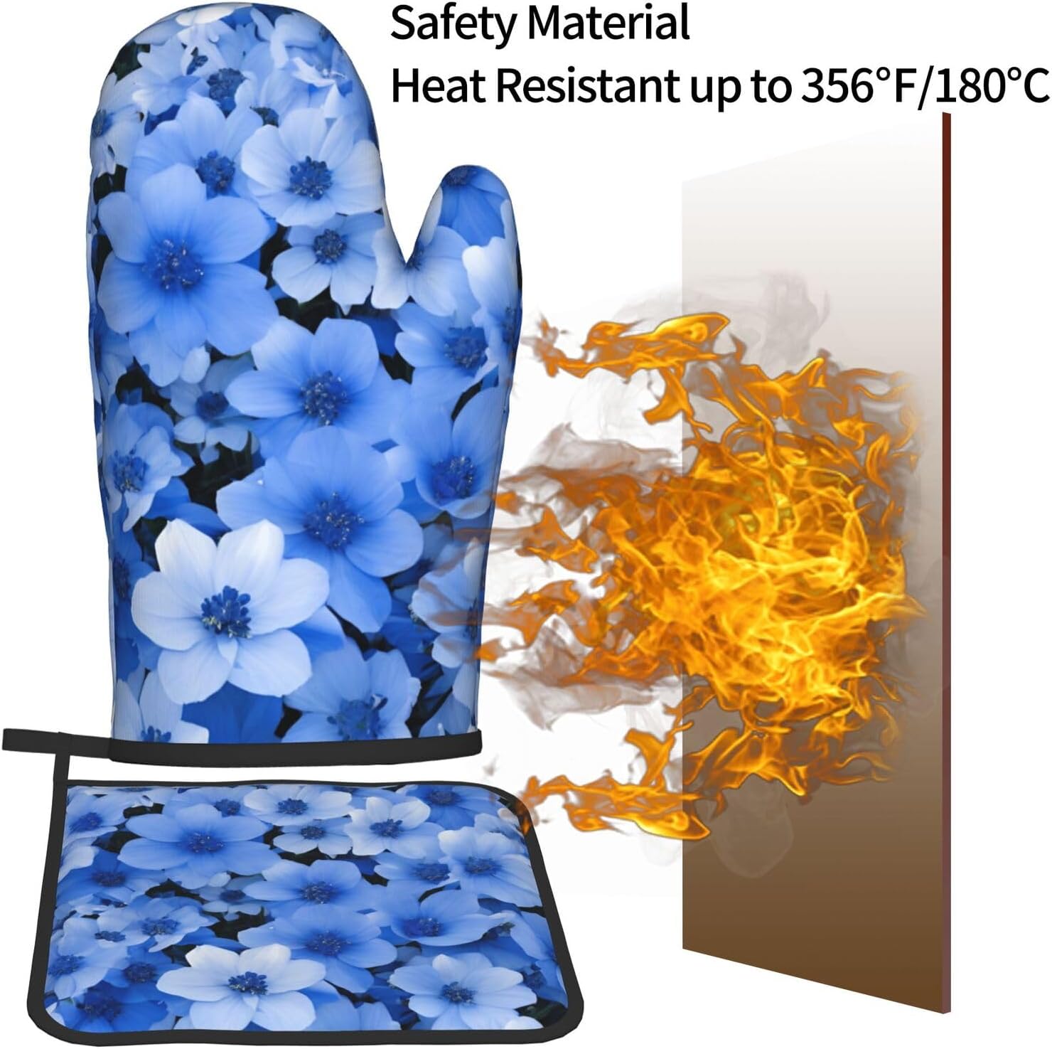 Premium Blue Flower Printed Oven Mitts Pot Holders Heat-Resistant and Durable