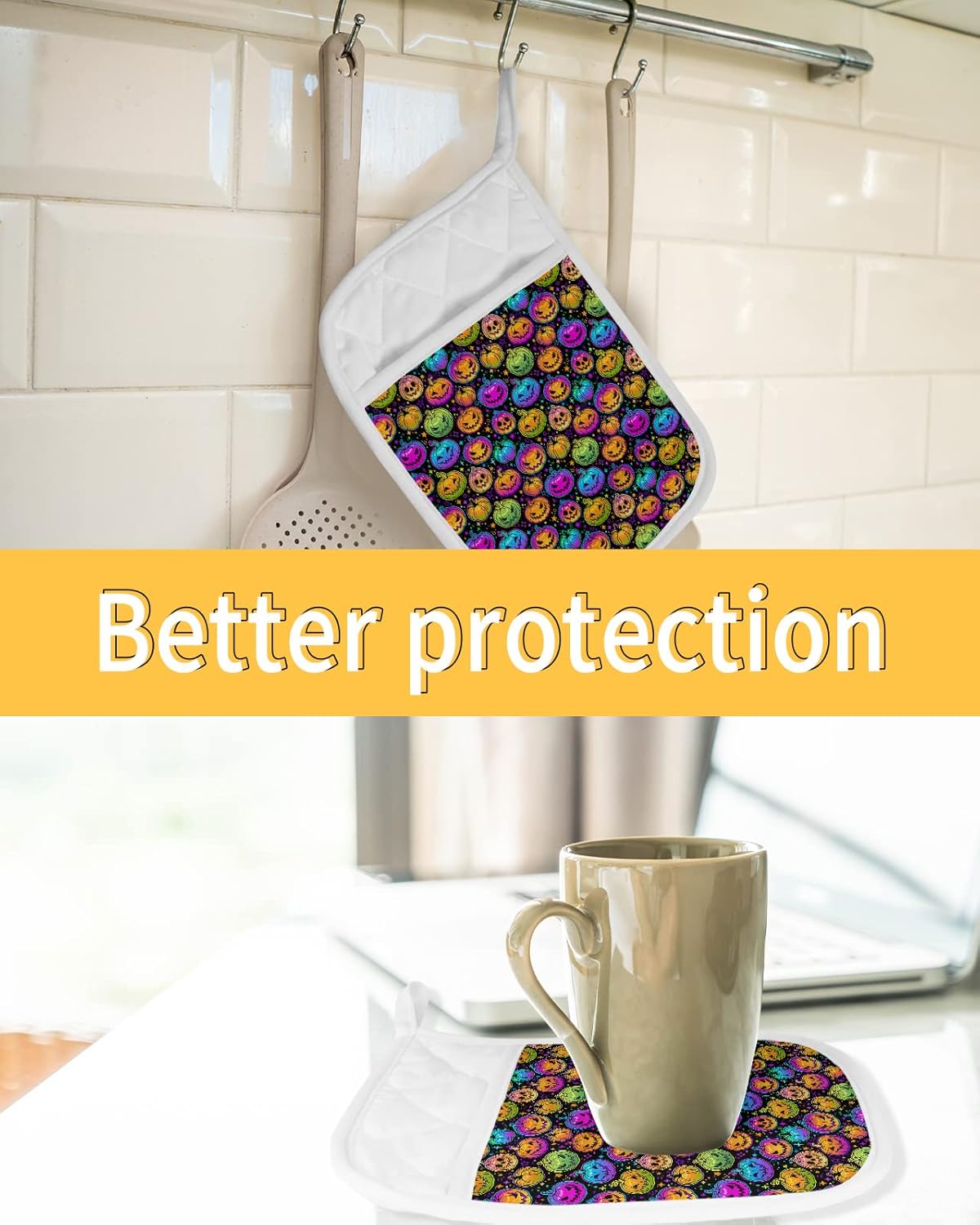 5 Piece Halloween Rainbow Pumpkin Potholders for Kitchen Use - Heat-Resistant Durable
