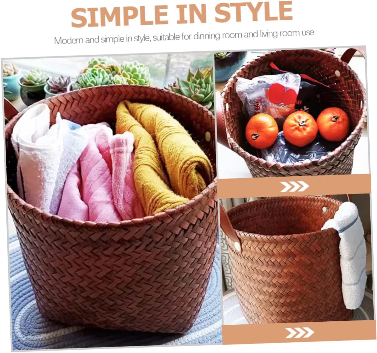 Leather Brown Wicker Laundry Storage Basket for Home and Clothes