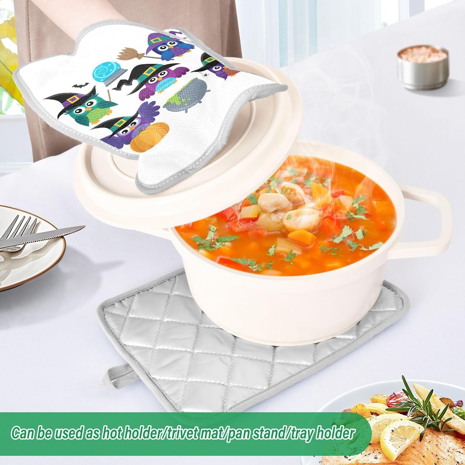 Ourvii 2Pcs Halloween Funny Owl Witches Pot Holder Set
