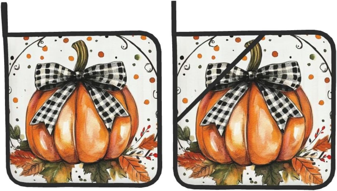 Orange Polka Dots Fall Pumpkin Pot Holder Set of 2
