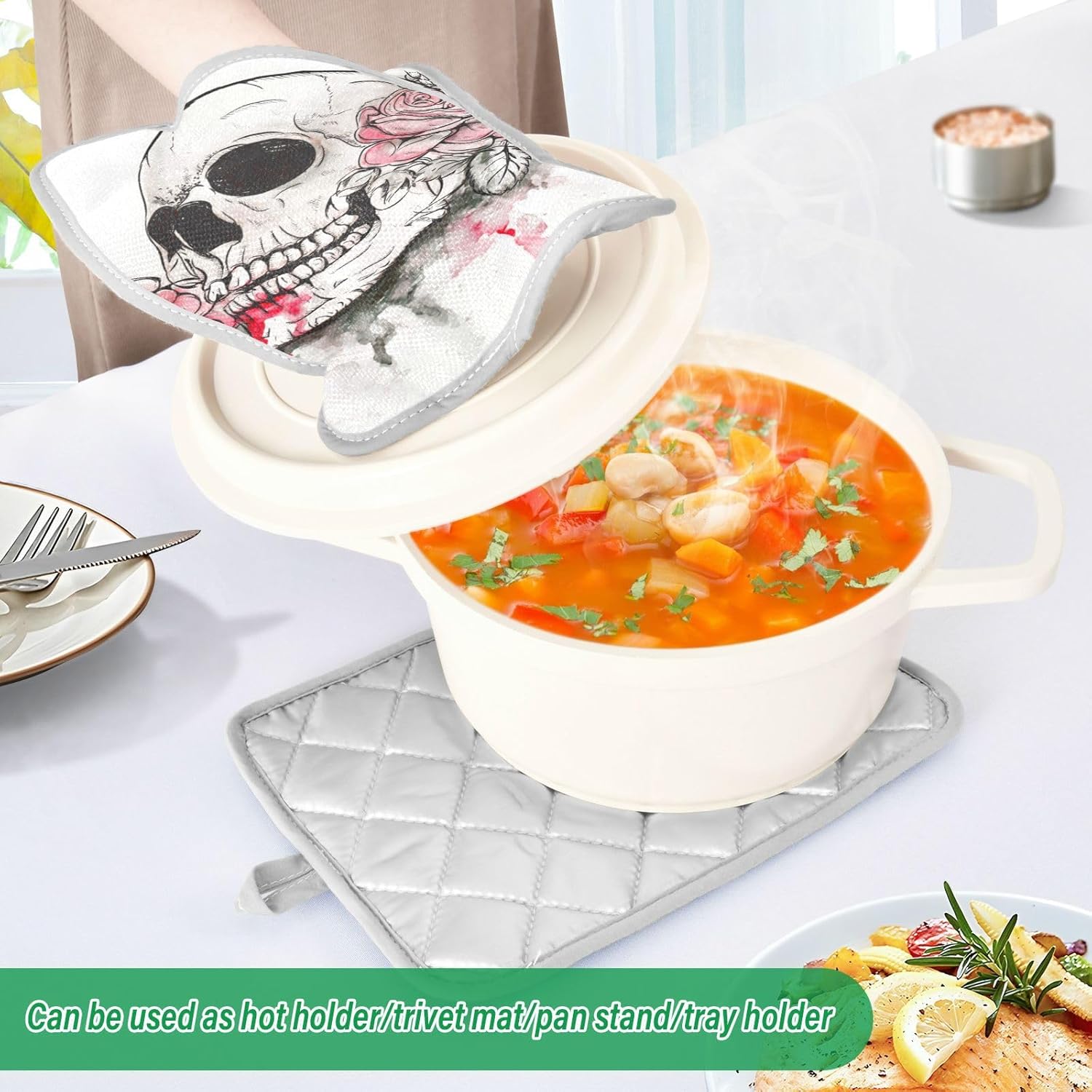 Two-Piece Halloween Pink Rose Skull Pot Holder Set