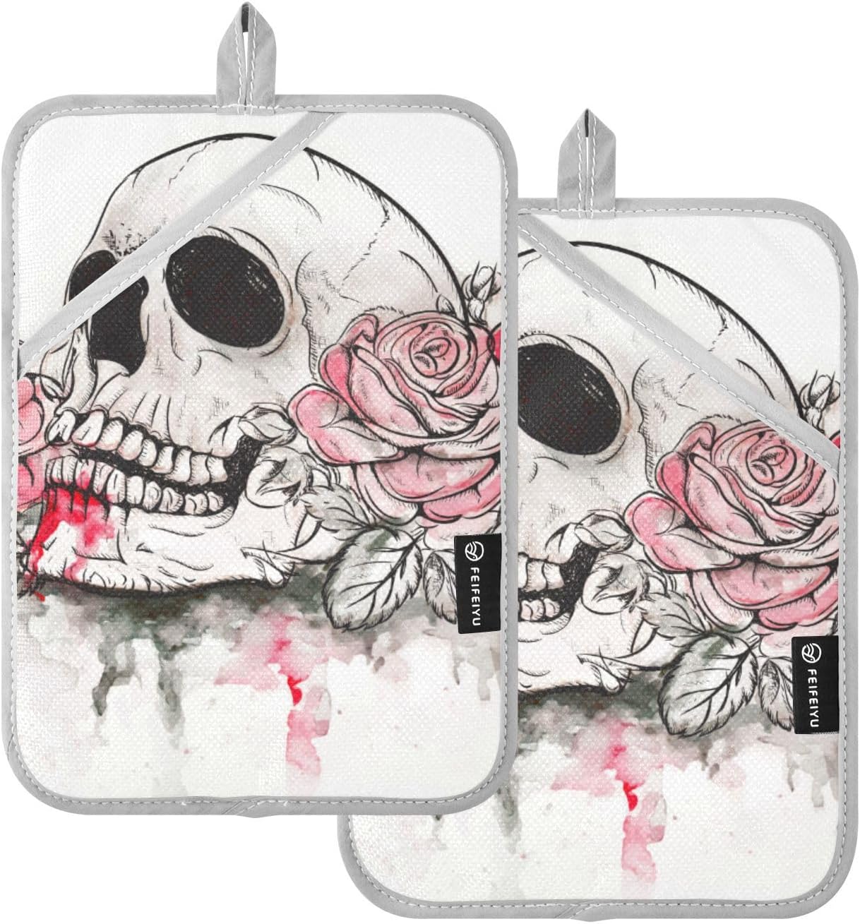 Two-Piece Halloween Pink Rose Skull Pot Holder Set