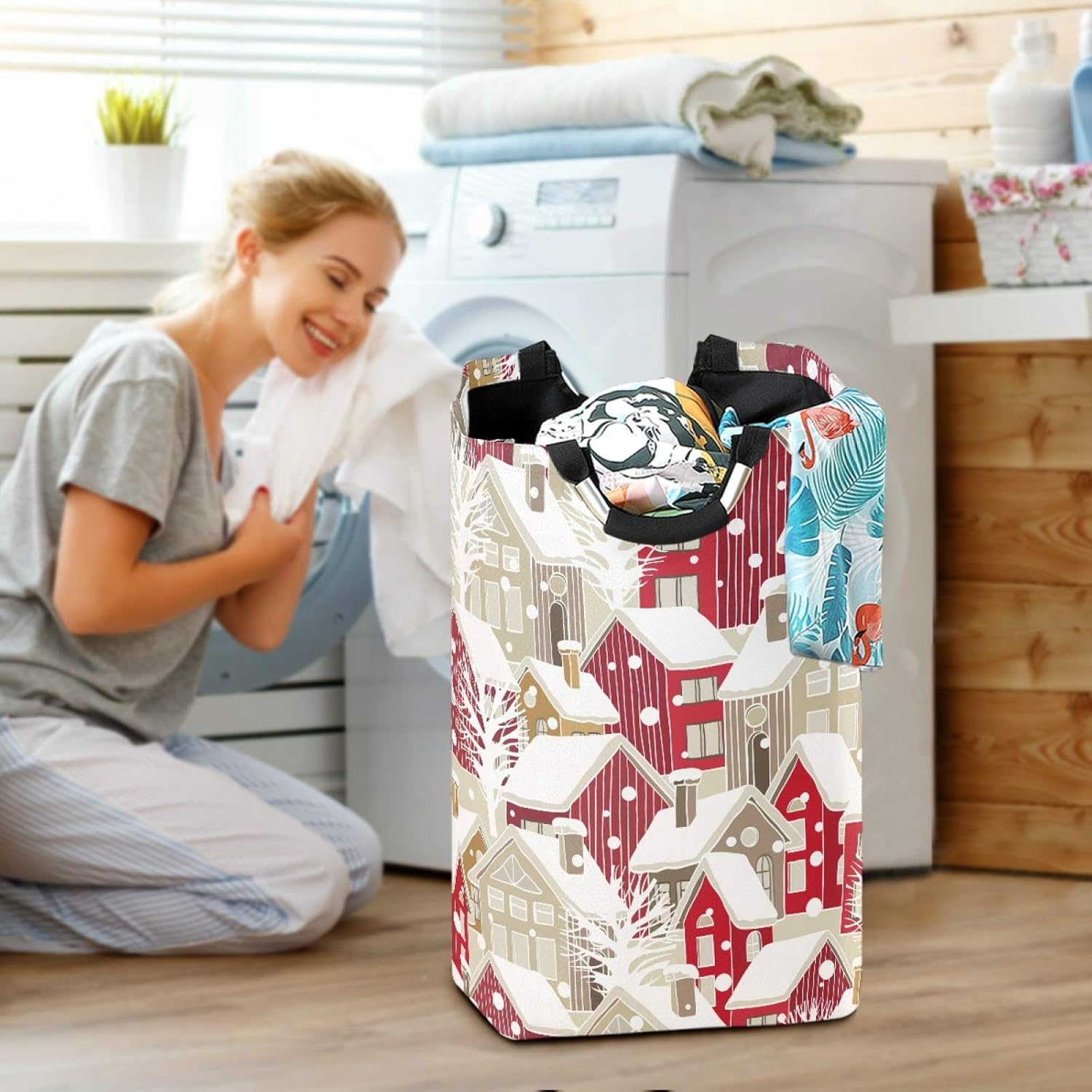 Durable Christmas Winter Houses Collapsible Laundry Basket for Efficient Storage