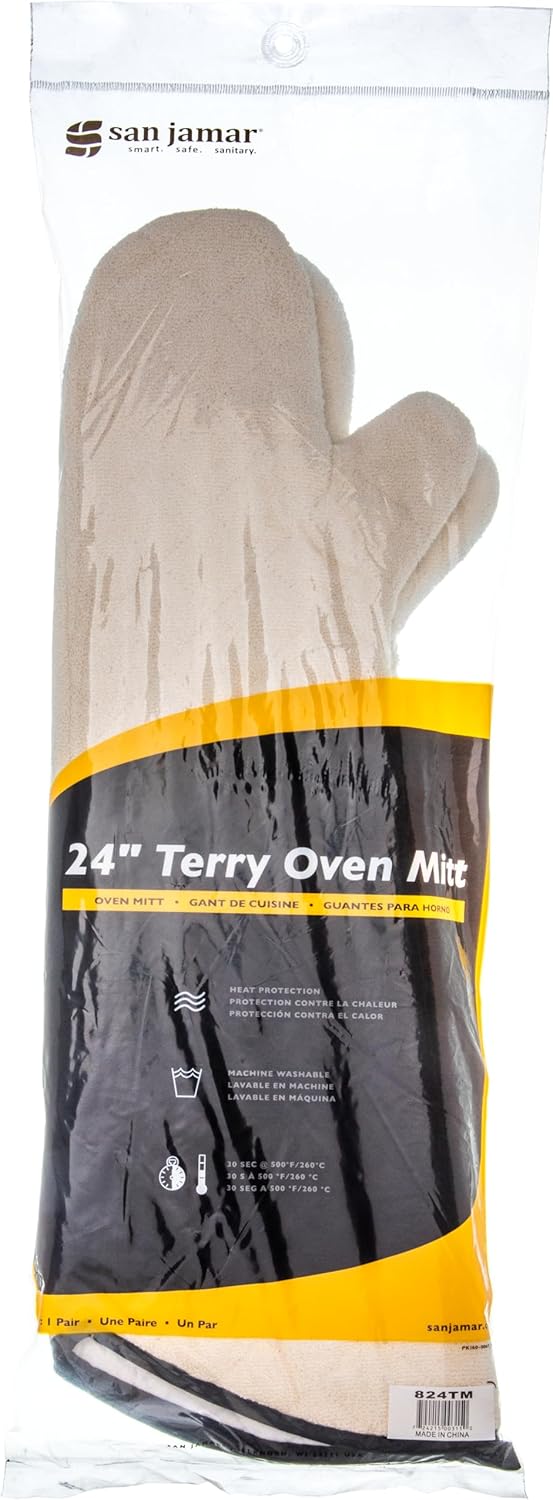 San Jamar Oven Mitt Heat Protection Steam Barrier Machine Washable 24in tan