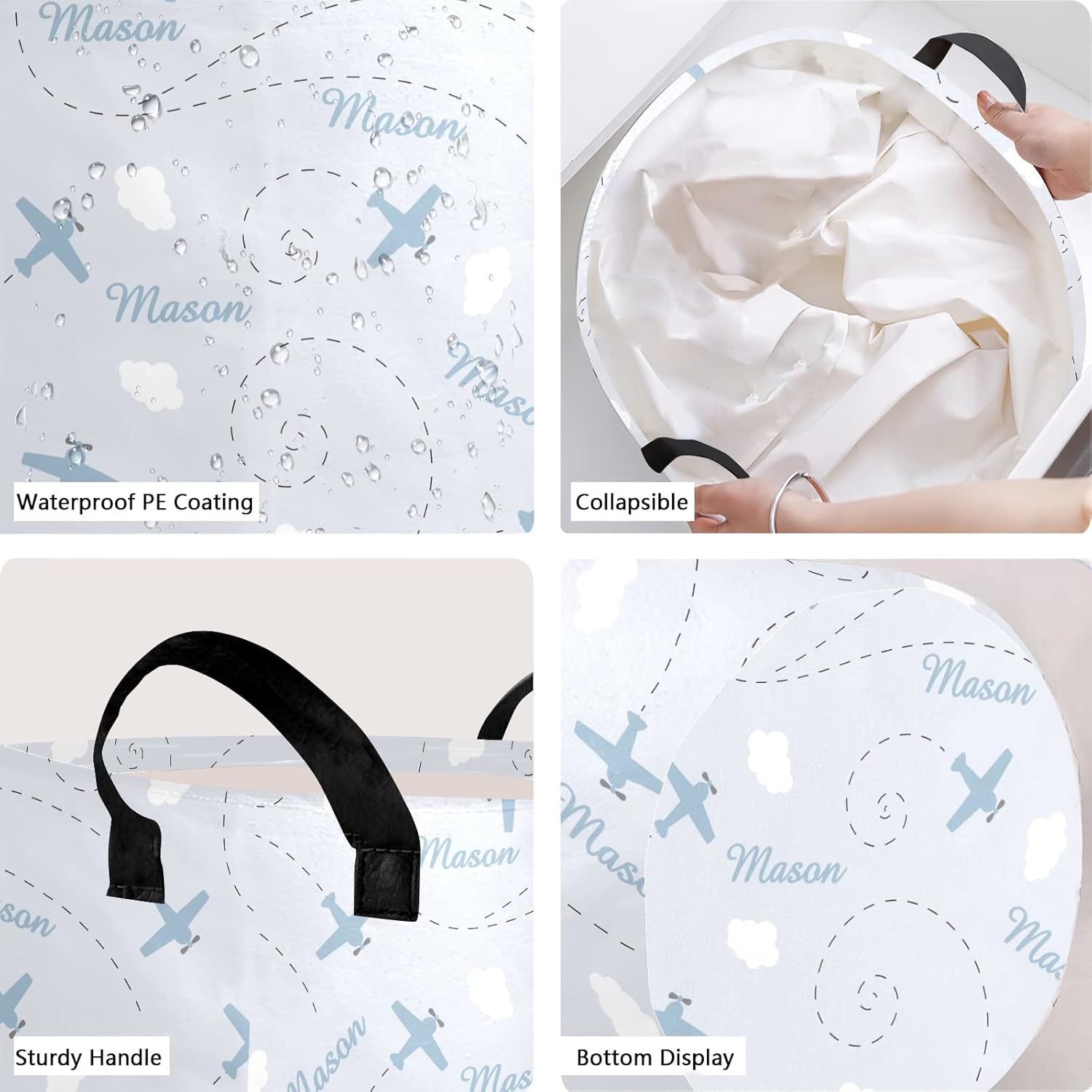 Personalized Laundry Basket Hamper with Airplane Blue Clouds Name Text
