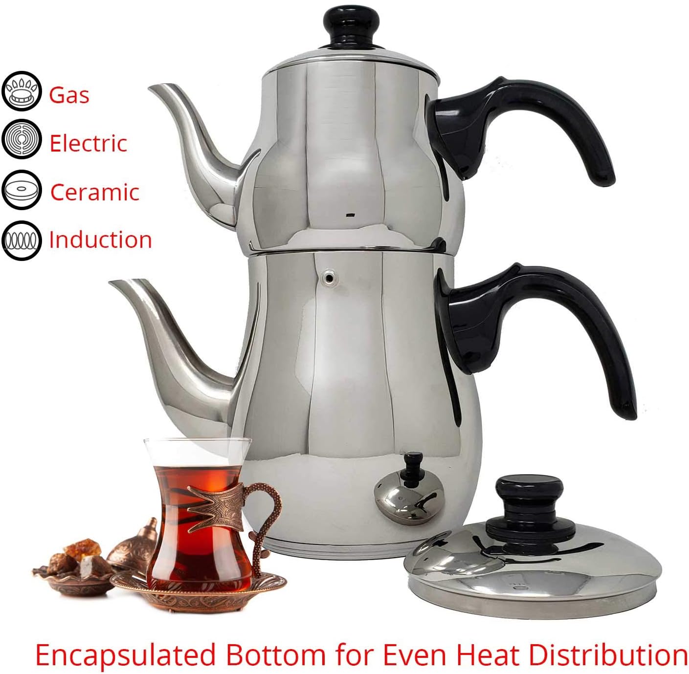 LavoHome Turkish Samovar Style Stainless Steel Double Handle Kettle