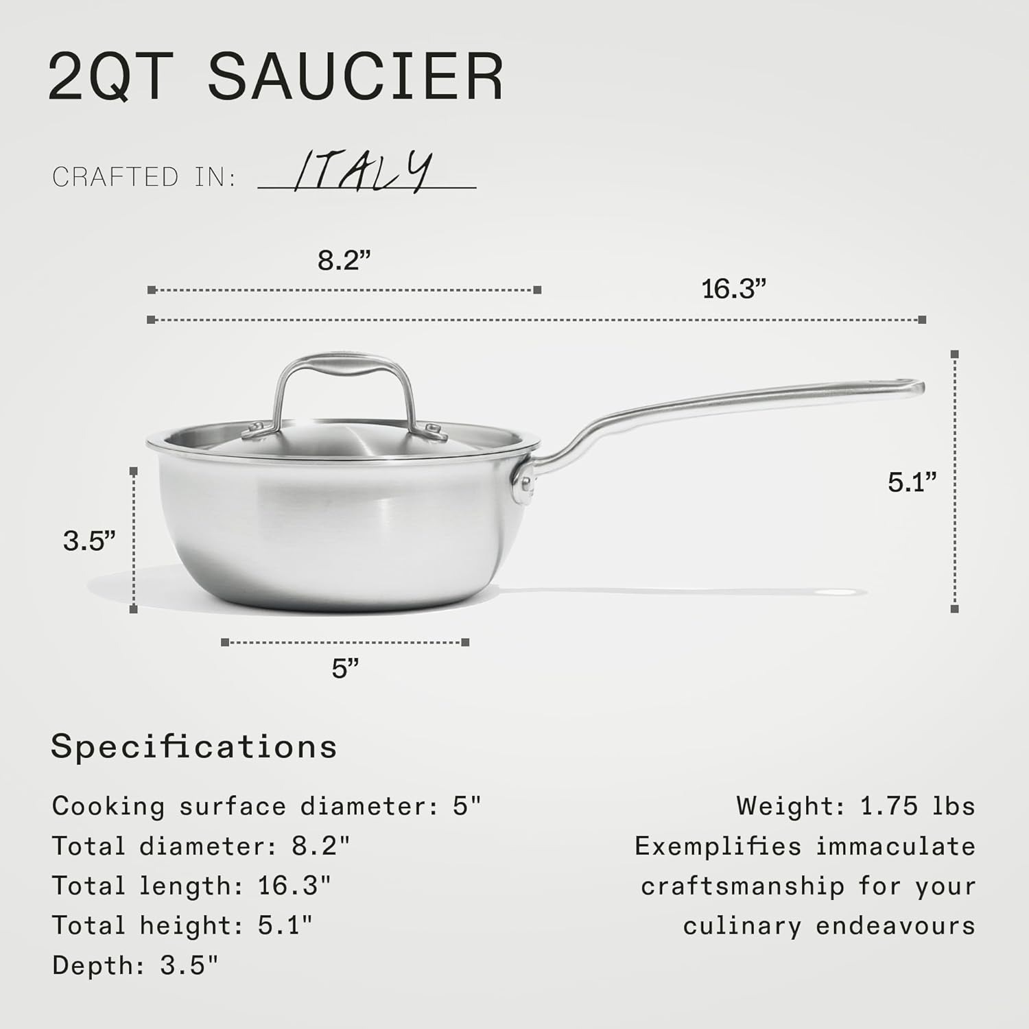 Made In Cookware 2 Quart Saucier Pan 5 Ply Stainless Clad