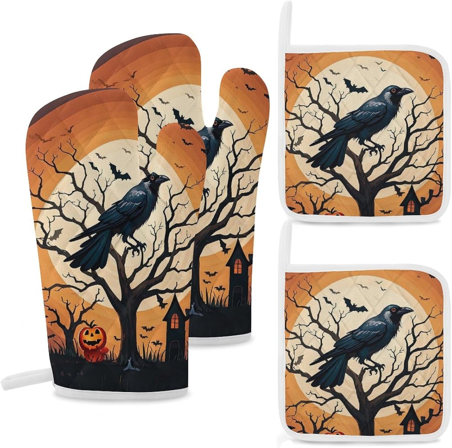 Exclusive Halloween Oven Mitts Pot Covers Set Heat-Resistant for Kitchen Use