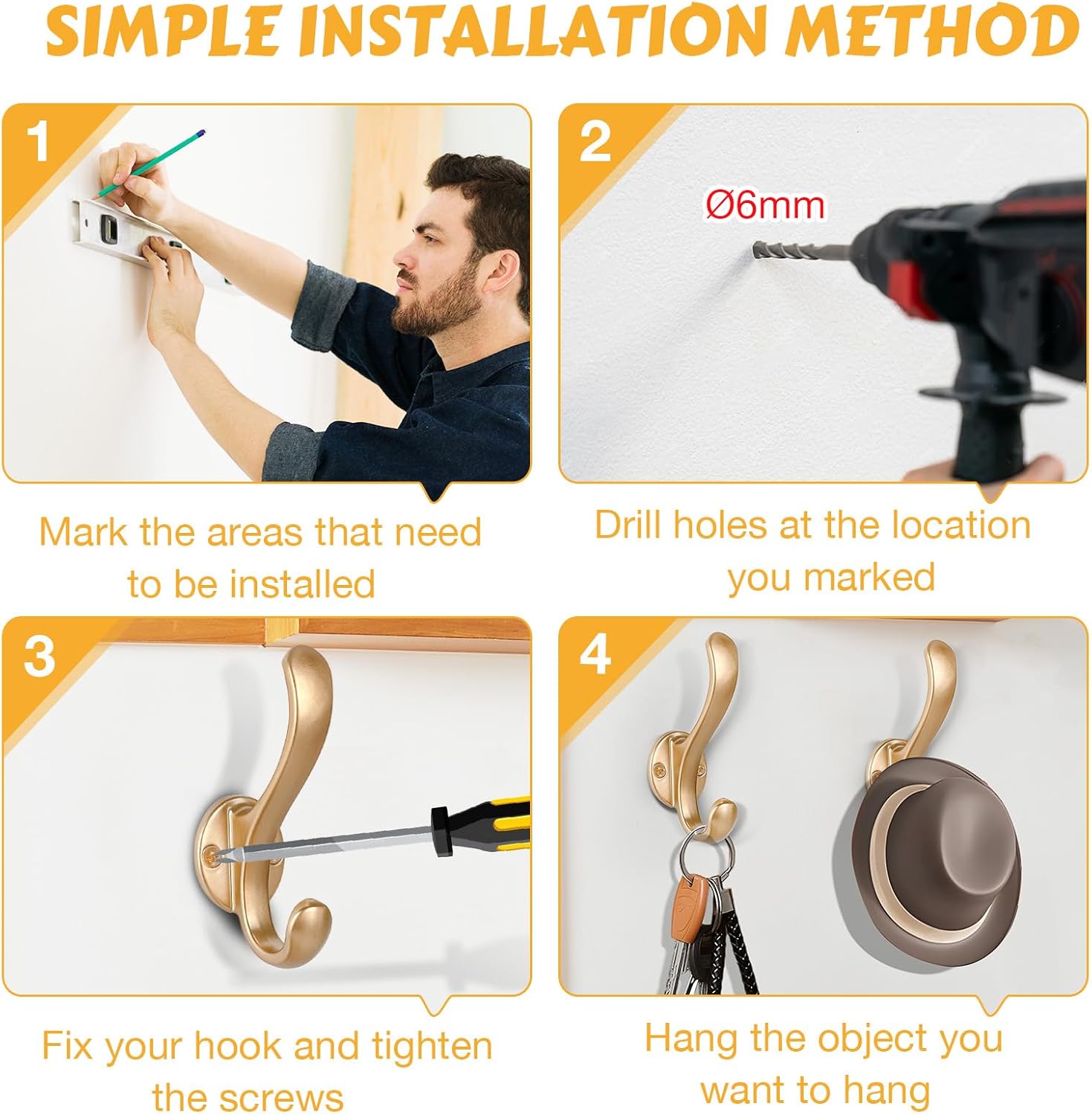 6 Pack Gold Wall Coat Hooks Heavy Duty Double Hooks