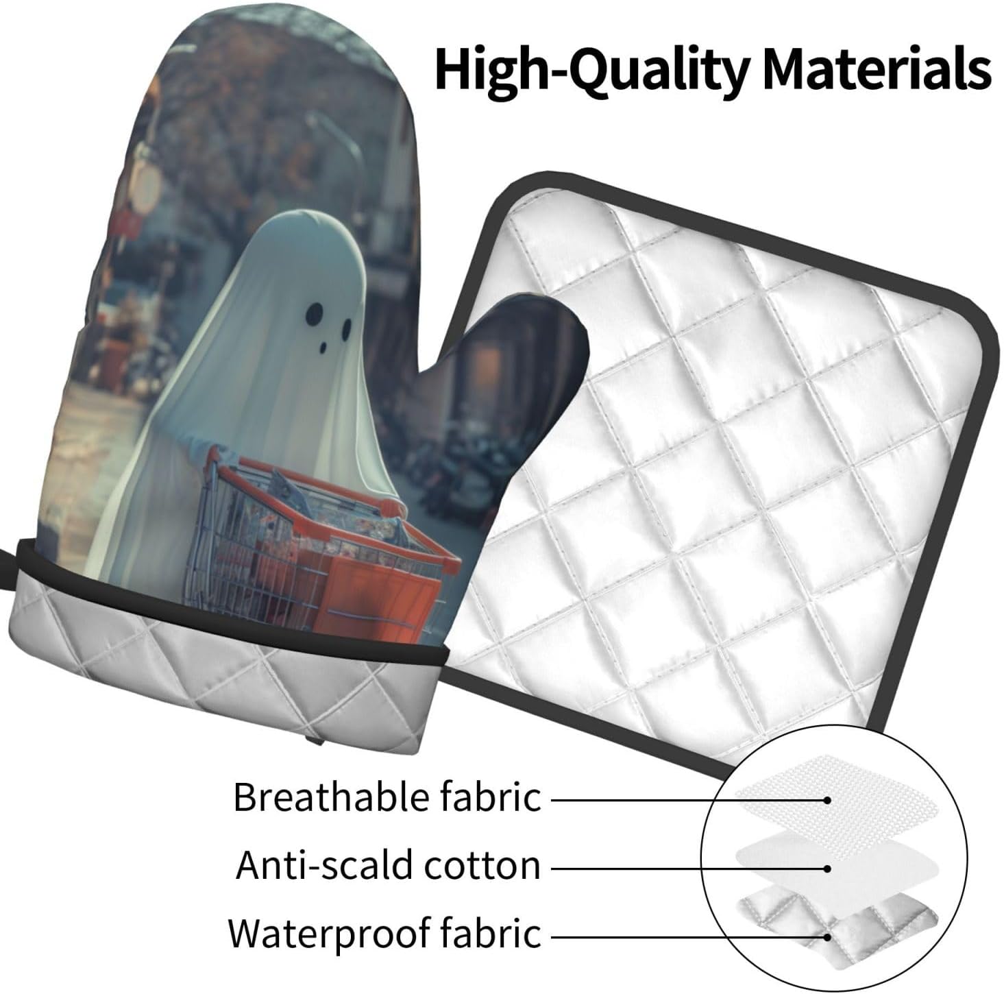 Funny Halloween Ghost Oven Mitts Set Heat-Resistant Potholders for Cooking Baking