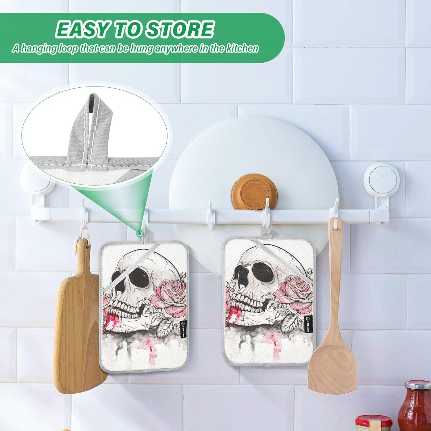 Two-Piece Halloween Pink Rose Skull Pot Holder Set