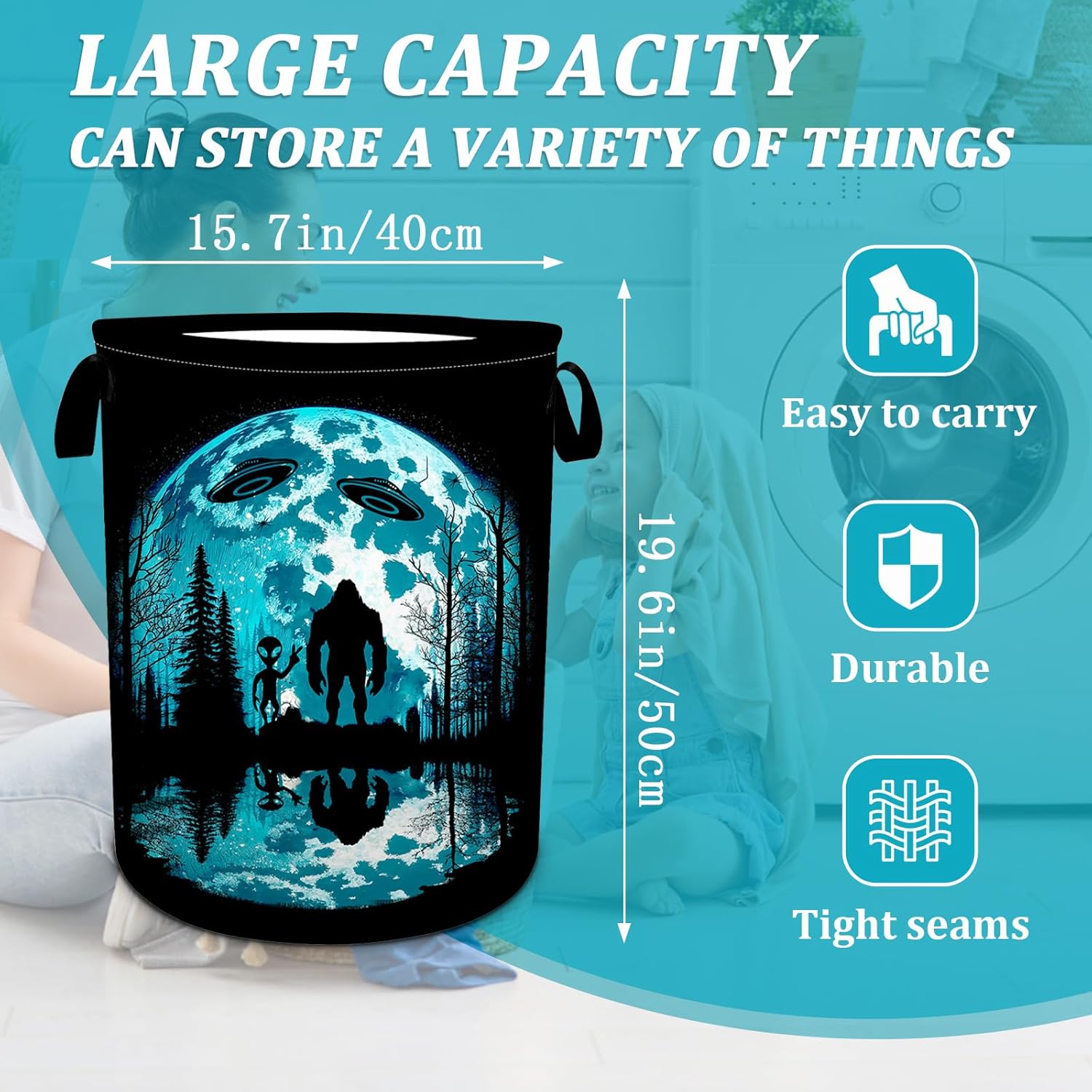 Bigfoot and Alien Laundry Basket 157x196 Foldable Waterproof Hamper