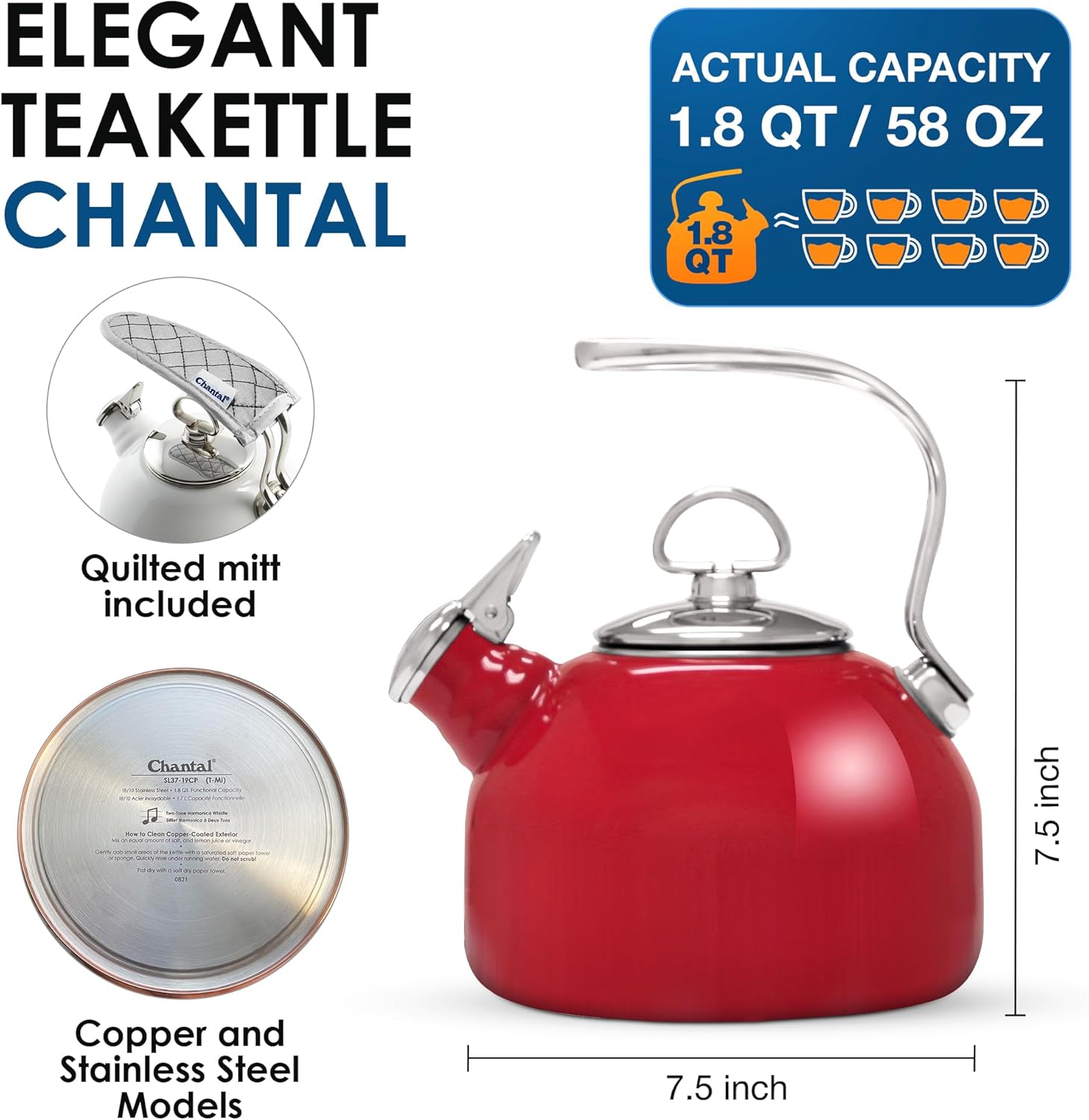 Chantal Classic Teakettle Pure Heat Ergonomic Design 18 qt