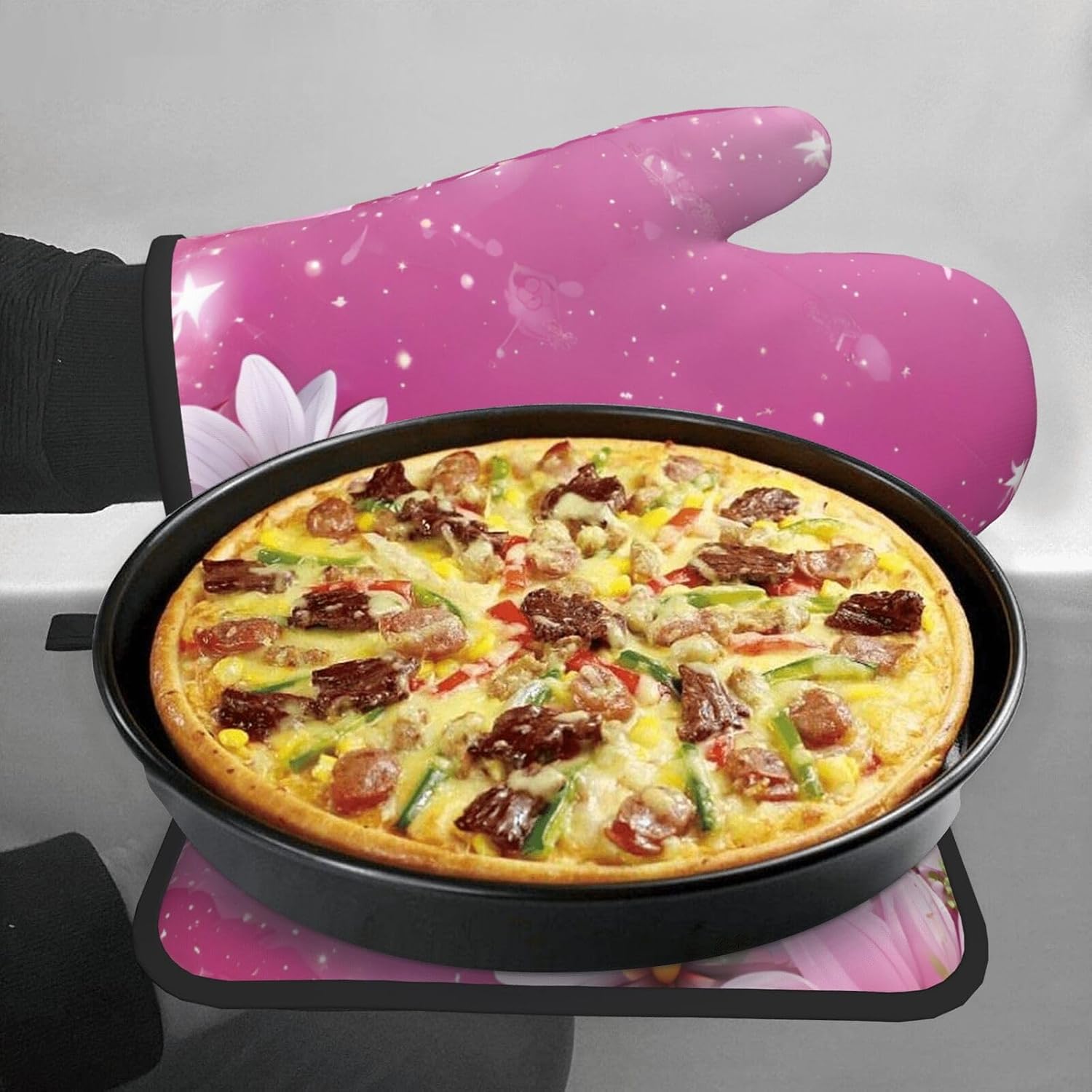 Daisy-Printed Oven Mitts and Pot Holders Non-Slip Kitchen Gloves