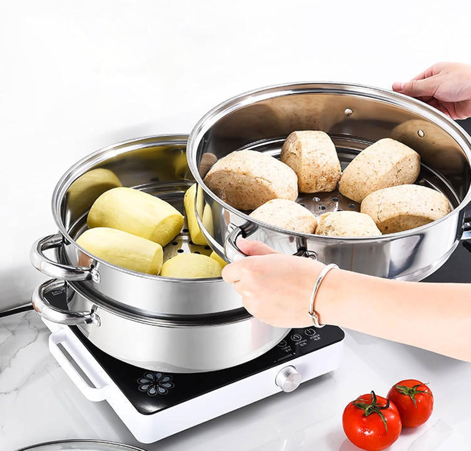 AIZYR Double-Layer Steam Pot with Lid for Cooking Stew Pasta Perfect