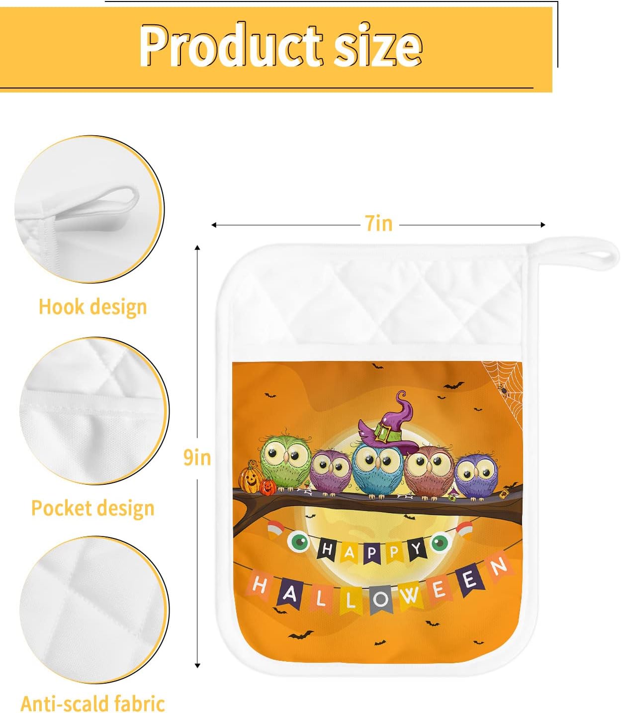 Halloween Cute Owl Bird Pot Holder Set with Pocket