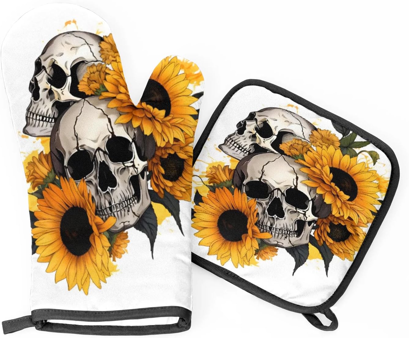 Sunflowers Skull Oven Mitt Set